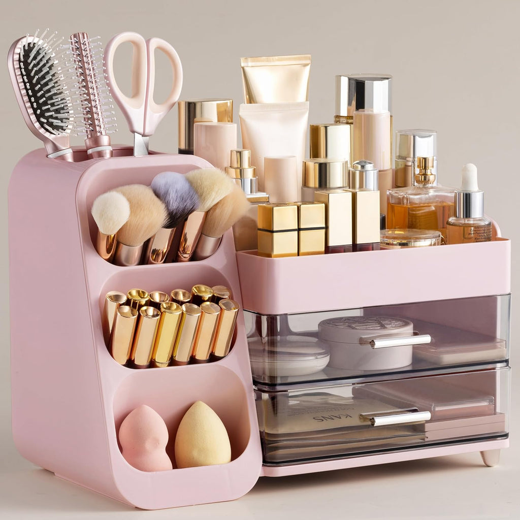 HBlife Makeup Organizer with Brush Holder for Vanity, Large Plastic Bathroom Countertop Organizer Skin Care Storage, Easy to Store Lipsticks, Nail Polishes, Perfumes, Eyeshadow Palettes, Pink