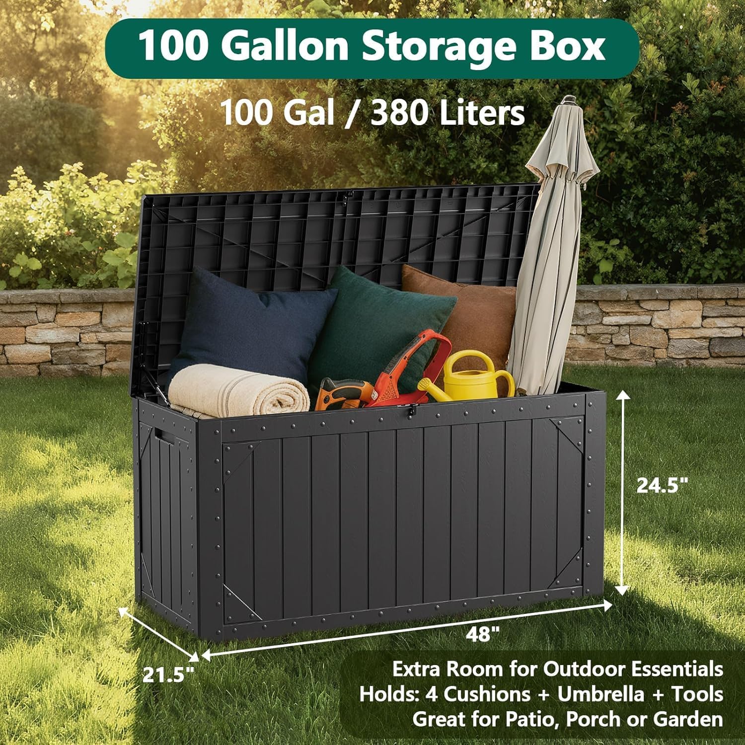 100 Gallon Outdoor Storage Box, Lockable Resin Deck Box for Patio Cushions, Throw Pillows, Garden Tools, Weatherproof Large Outdoor Storage Bench for Yard, Porch, or Balcony