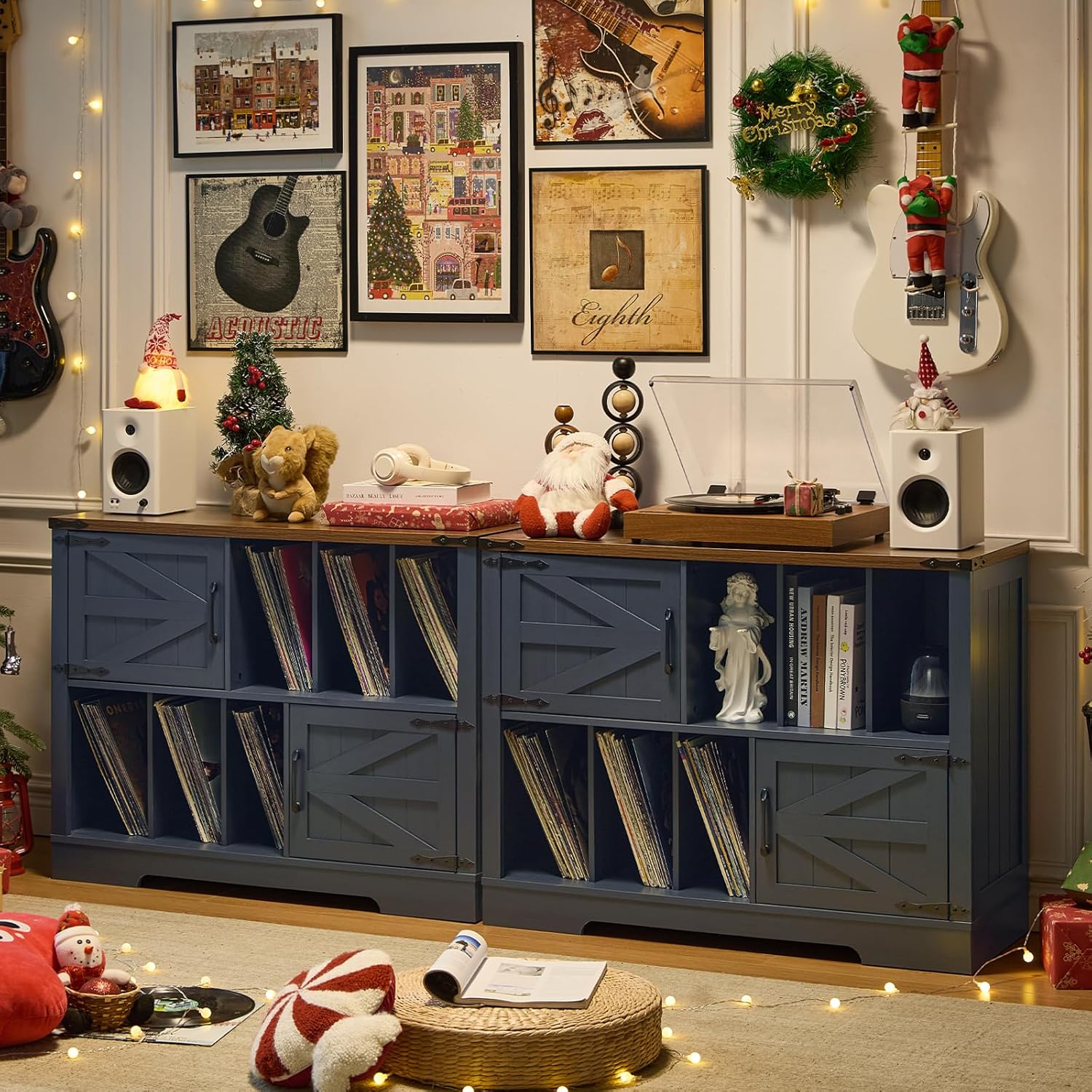 Large Record Player Stand with Vinyl Storage Up to 450 Albums, 39 Inch Farmhouse Wood Navy Blue Vinyl Records Storage Cabinet with Barn Doors, Mid-Century Turntable Stand for Living Room