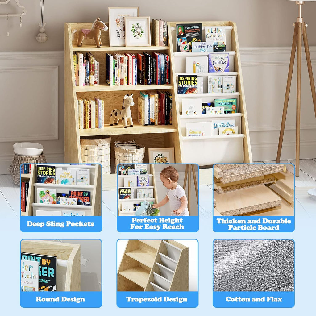 4 Tier Kids Wooden Bookshelf,Five Layer Sling Children Bookcase,Baby Storage Book Rack,Book and Toy Organizer Cabinet Chest,Book Display Shelf,Playroom Nursery Classroom Library