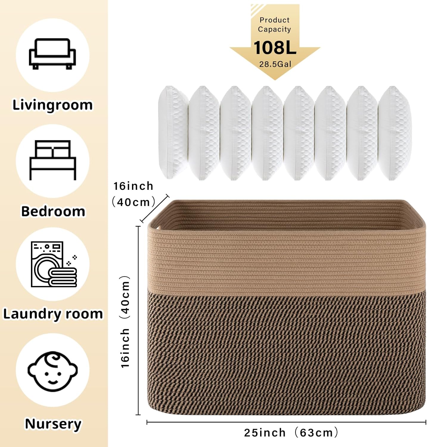 OIAHOMY 108L Extra Large Blanket Basket, 25”x16”x16” Laundry Basket, Blanket Storage for Living Room, Dog Toy Storage with Handle - Yellow & Black