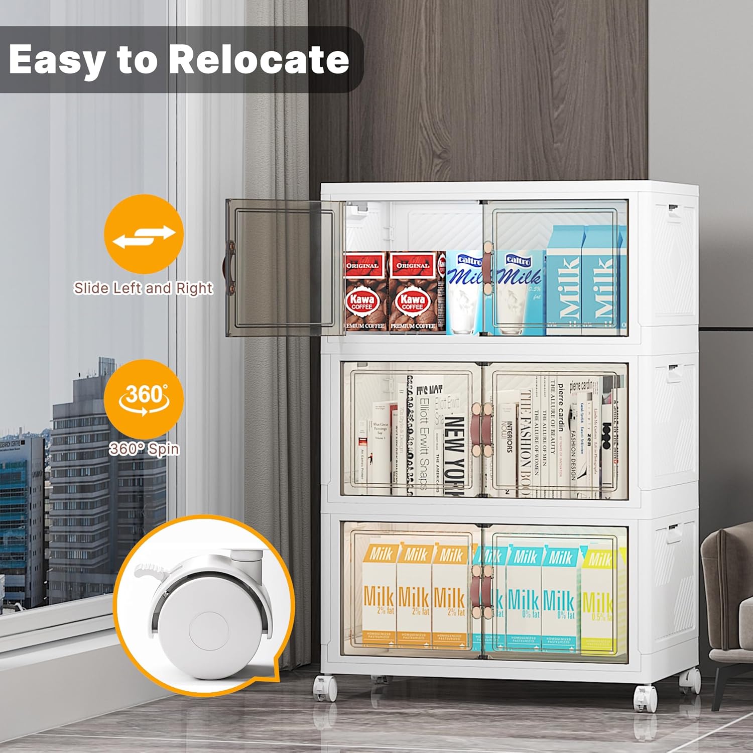 Extra Large Stackable Storage Bins with Lids & Wheels & Door, 312QT-52QT/13GAL*6Pack Foldable Collapsible Closet Organizers, Plastic containers Drawers for Bedroom Dorm