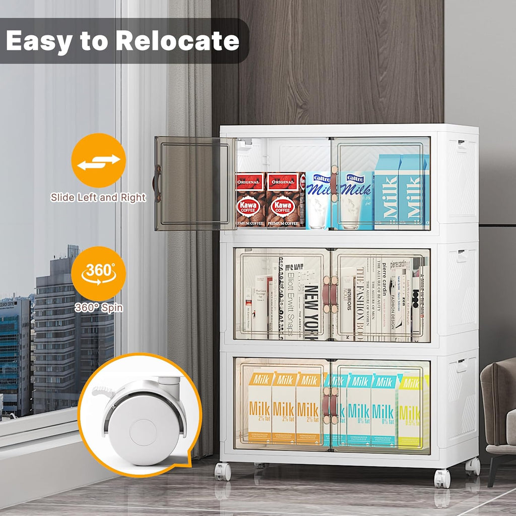 330Qt Stackable Storage Bins with Lids, 6 Pack Collapsible Bins with Wheels, Plastic Cabinet with Doors, Foldable Closet Organizers and Storage for Home, Dorm, Office, White