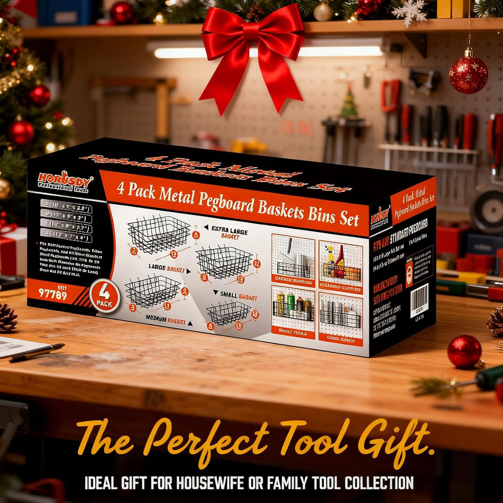 HORUSDY Peg Board Bins and Baskets | 4 Pack | Square Style 4 Size Pegboard Baskets and Pegboard Bins for Organize Workbenches, Accessories