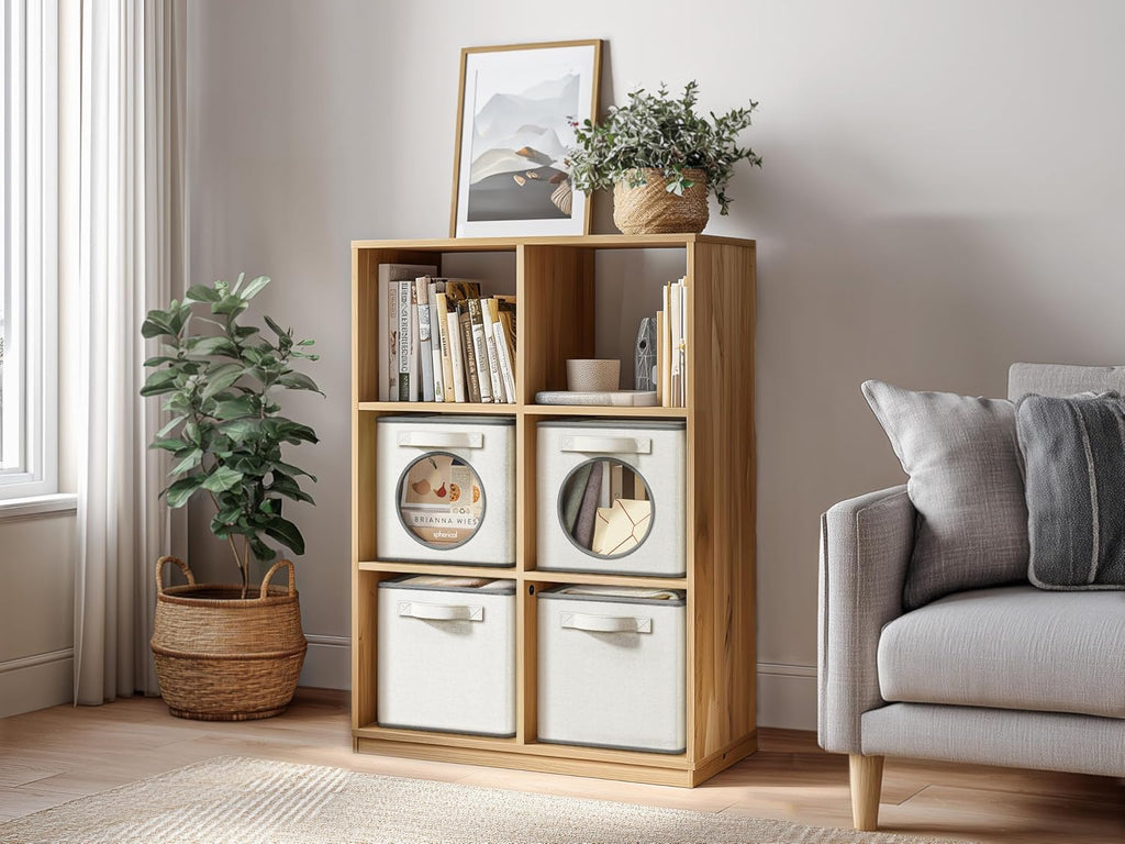 Vailando Foldable Fabric Storage Cube with Round Window - 4 Pack 11"x11"x11" Collapsible Closet Organizer Bins for Clothes, Shelves, Offices, Toys & Misc, White & Ivory