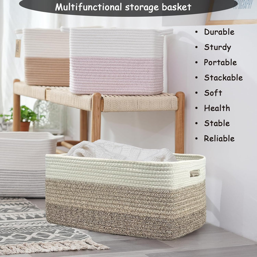 COMFY-HOMI 3 pcs Large Storage Baskets for Shelves, Laundry Basket, Woven Rope Basket, Closet Organizer Bins for Clothes Blanket Towels, Baby Nursery, Gift Toy Baskets, 17” x 13” x 7.5”-White/3 Brown