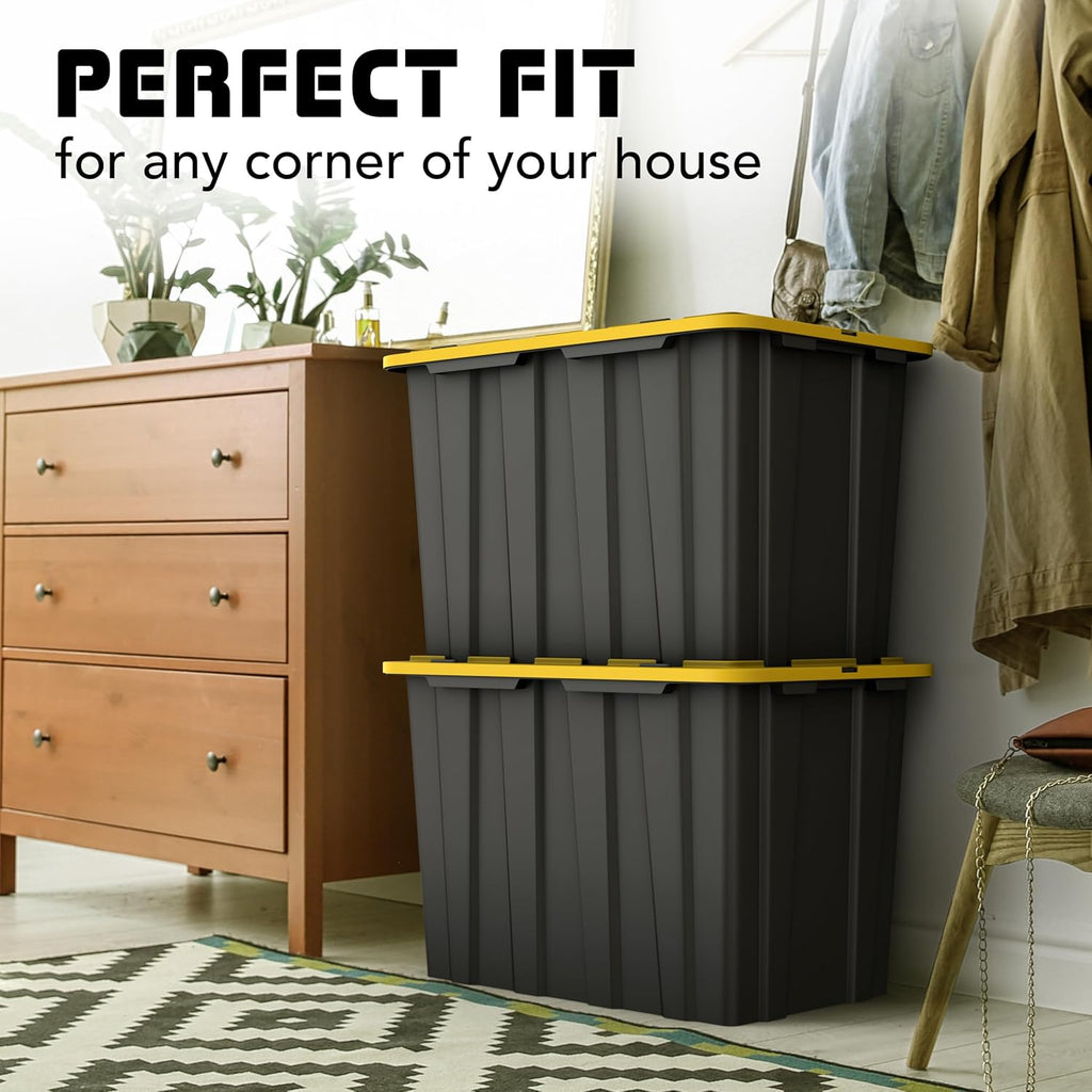 Lifetime Home 4 PACK of X-Large 23 Gallon Plastic Storage Bin Tote Organizing Container with Secure Latching Lids, Stackable, Extra Strength with Built in Handle - Black & Yellow