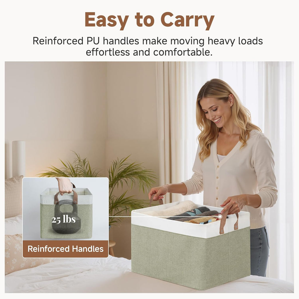 StorageWorks Storage Bins, Fabric Storage Bins for Shelves, Extra Large Storage Baskets with Metal Frame, Closet Baskets and Bins with Handles, Jumbo, Green and White, 2-Pack