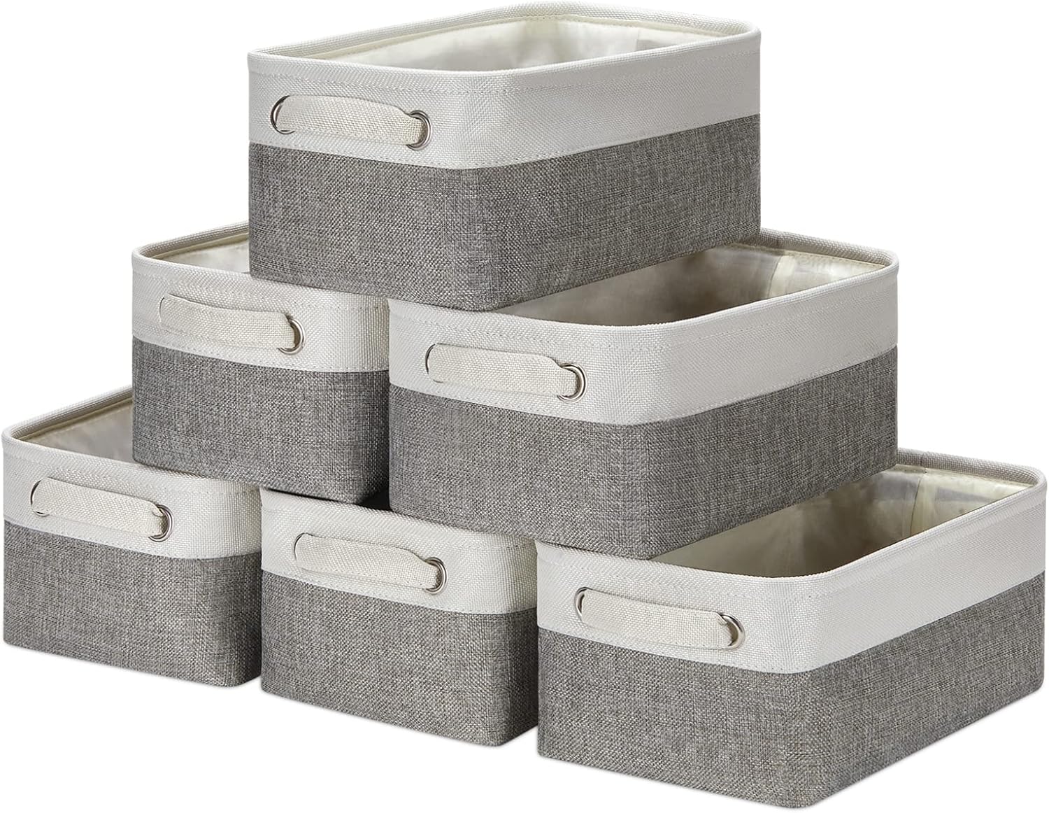 HNZIGE Small Organizer Bins for Shelf,Small Fabric Collapsible Baskets for Organizing Nursery Linen Canvas,Set of 6 Decorative Storage Basket for Storage Closet Toy(White&Gray, 11.8" x 7.8" x 5.1")
