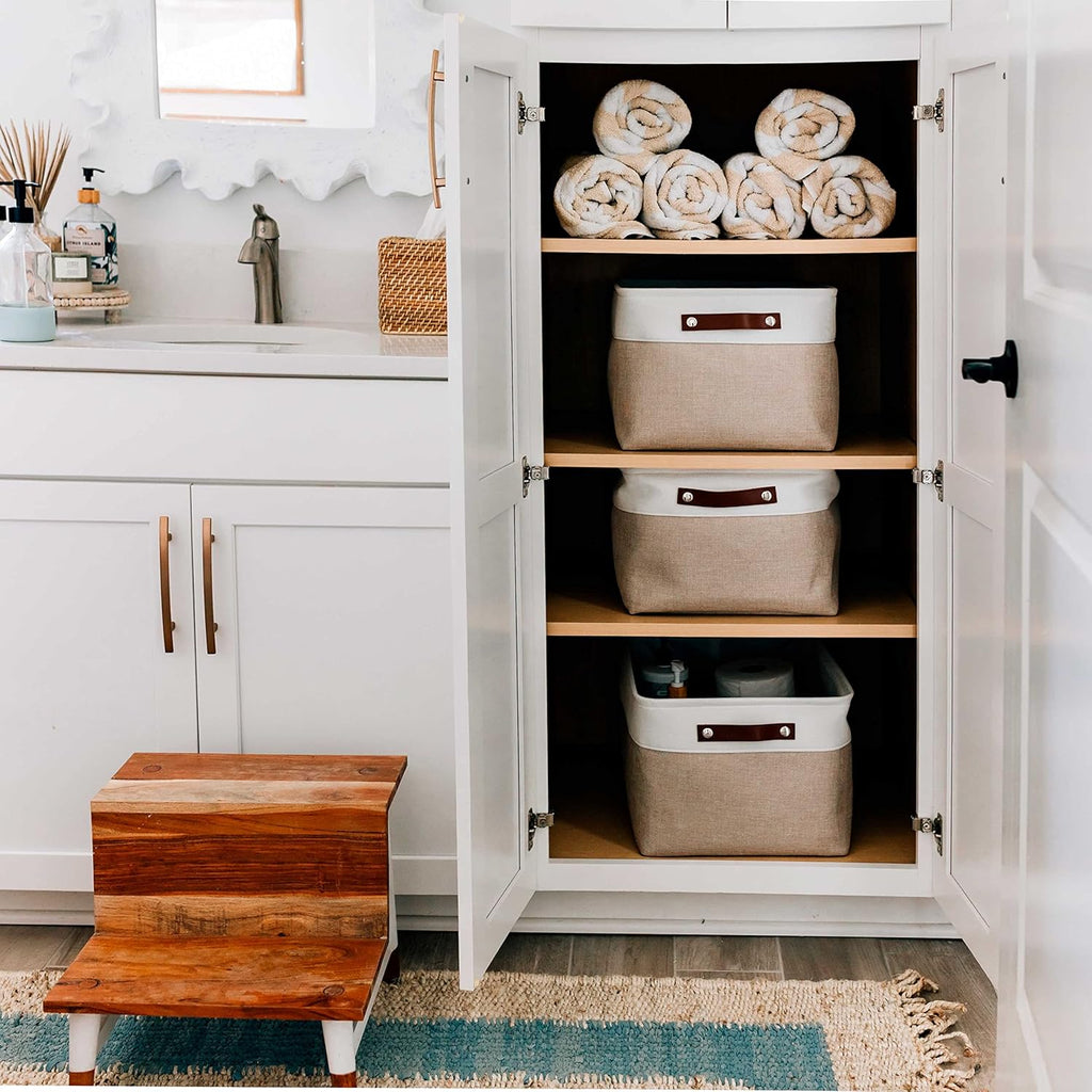 OrganiHaus Extra Large Fabric Storage Baskets for Shelves 3 Pack, 16x13in Closet Storage Bins for Shelves, Canvas Baskets for Organizing, Linen Closet Organizers, Cloth Basket, Beige/Off-White