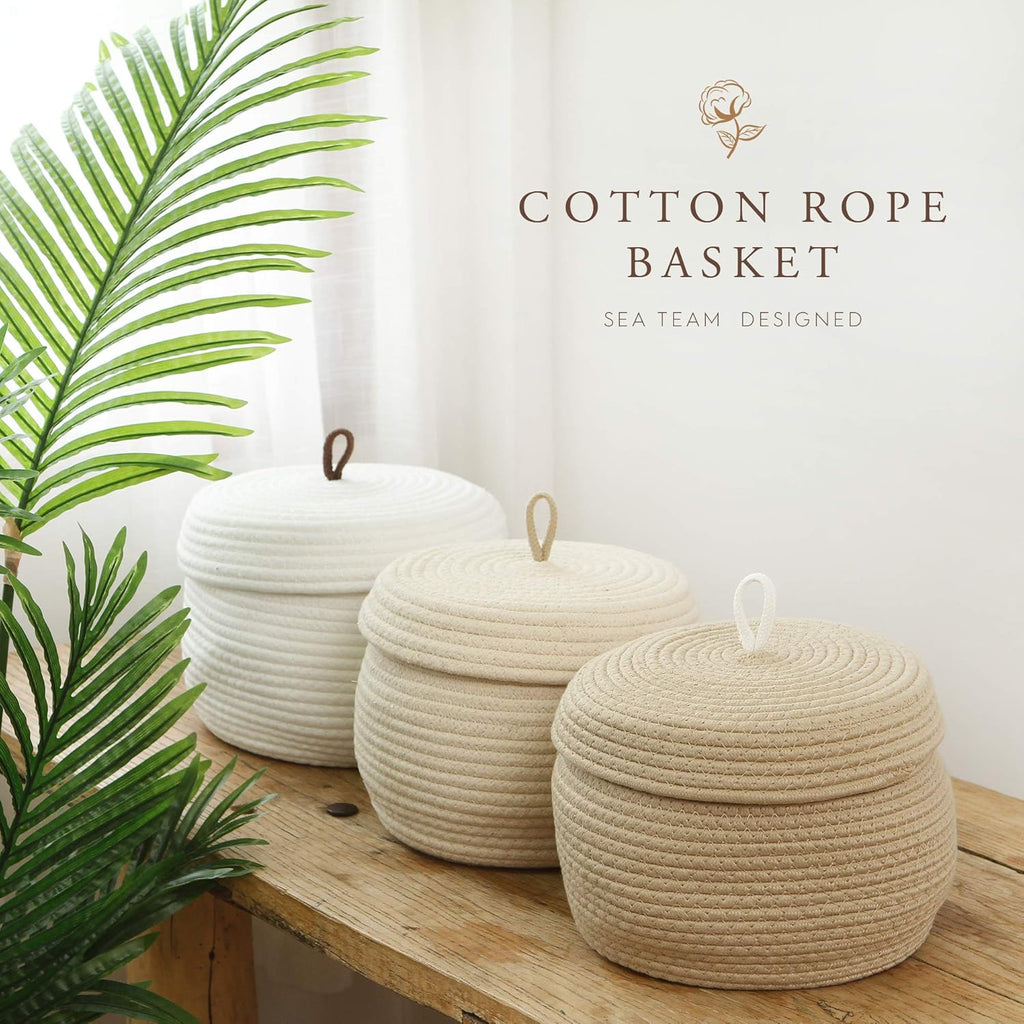 Sea Team Round Cotton Rope Storage Basket with Lid, Decorative Woven Storage Bin, Pot, Caddy, Organizer, Container for Snacks, Towels, Plants, 10 x 7.5 Inches (Small, Cream)