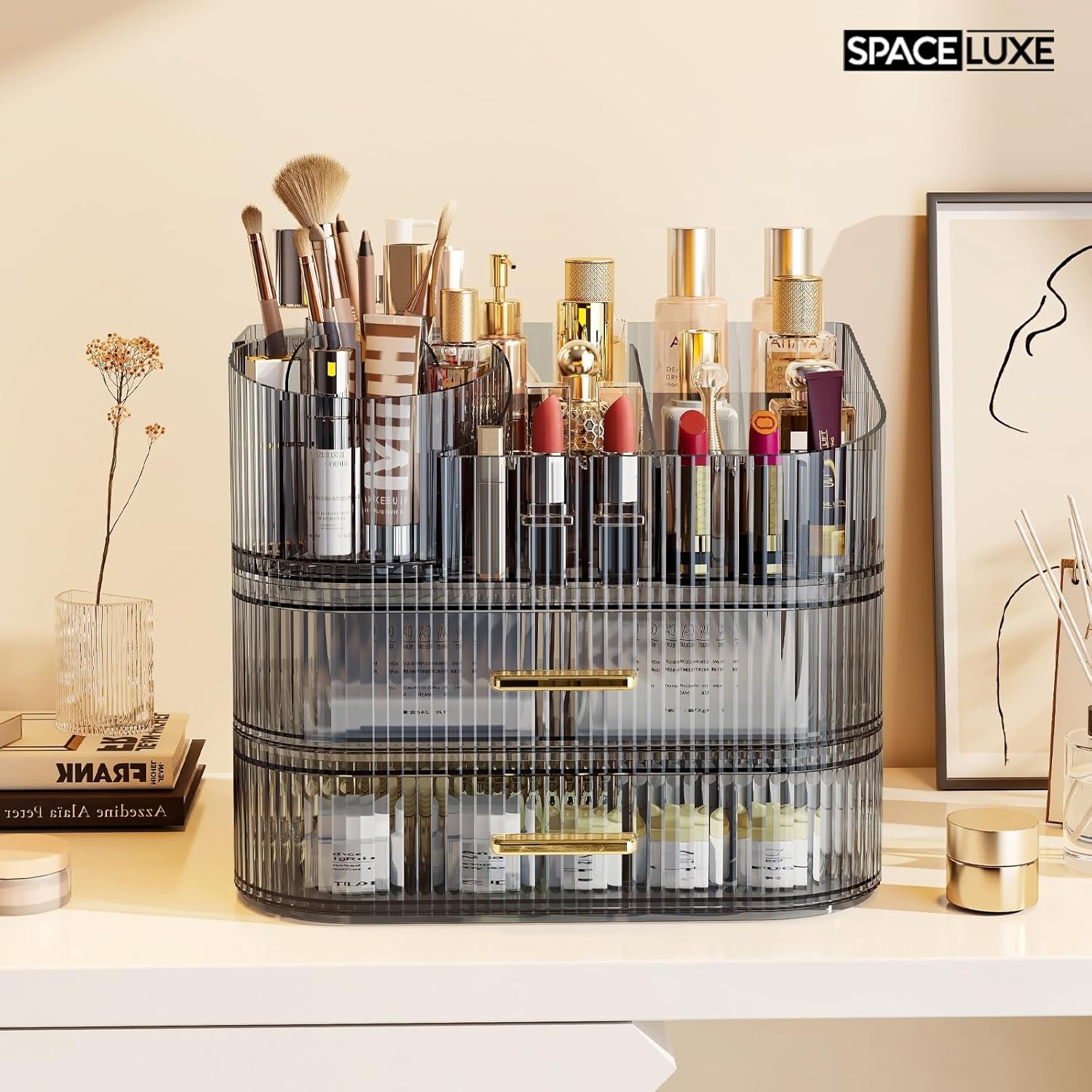 Makeup Organizer with Drawers and 360° Rotating Brush Holder, Large Capacity Cosmetic Storage for Vanity, Skincare, Perfume, Hair Accessories, Lipstick & Jewelry (Transparent Gray, 3-layer)