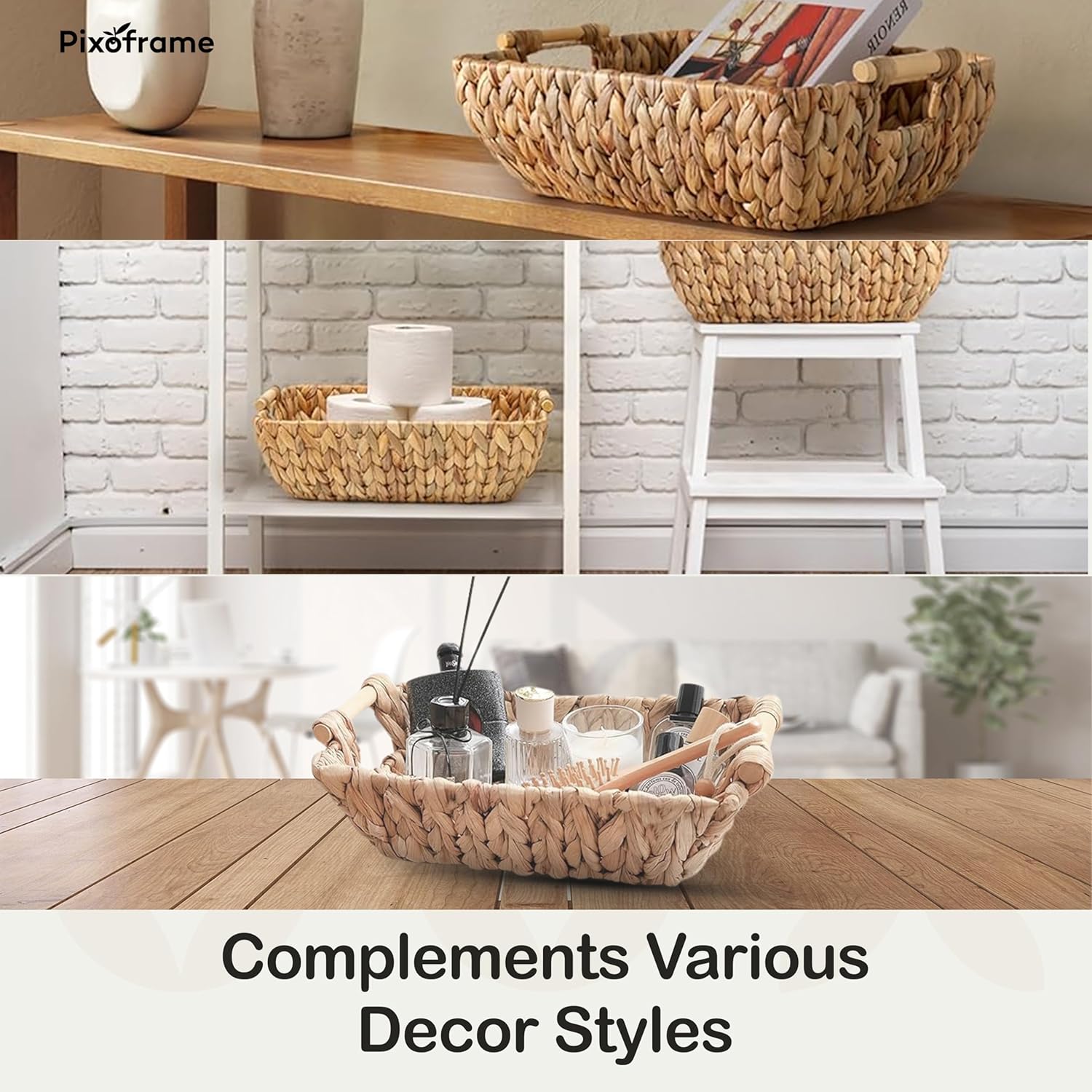 Medium Rectangular Handwoven Wicker Basket - Water Hyacinth Storage Baskets with 2 Polished Wooden Handles for Store Hand Towel, Fruits & Veggies etc – 10.75"x15.25"x5" - Pack of 2 - Natural