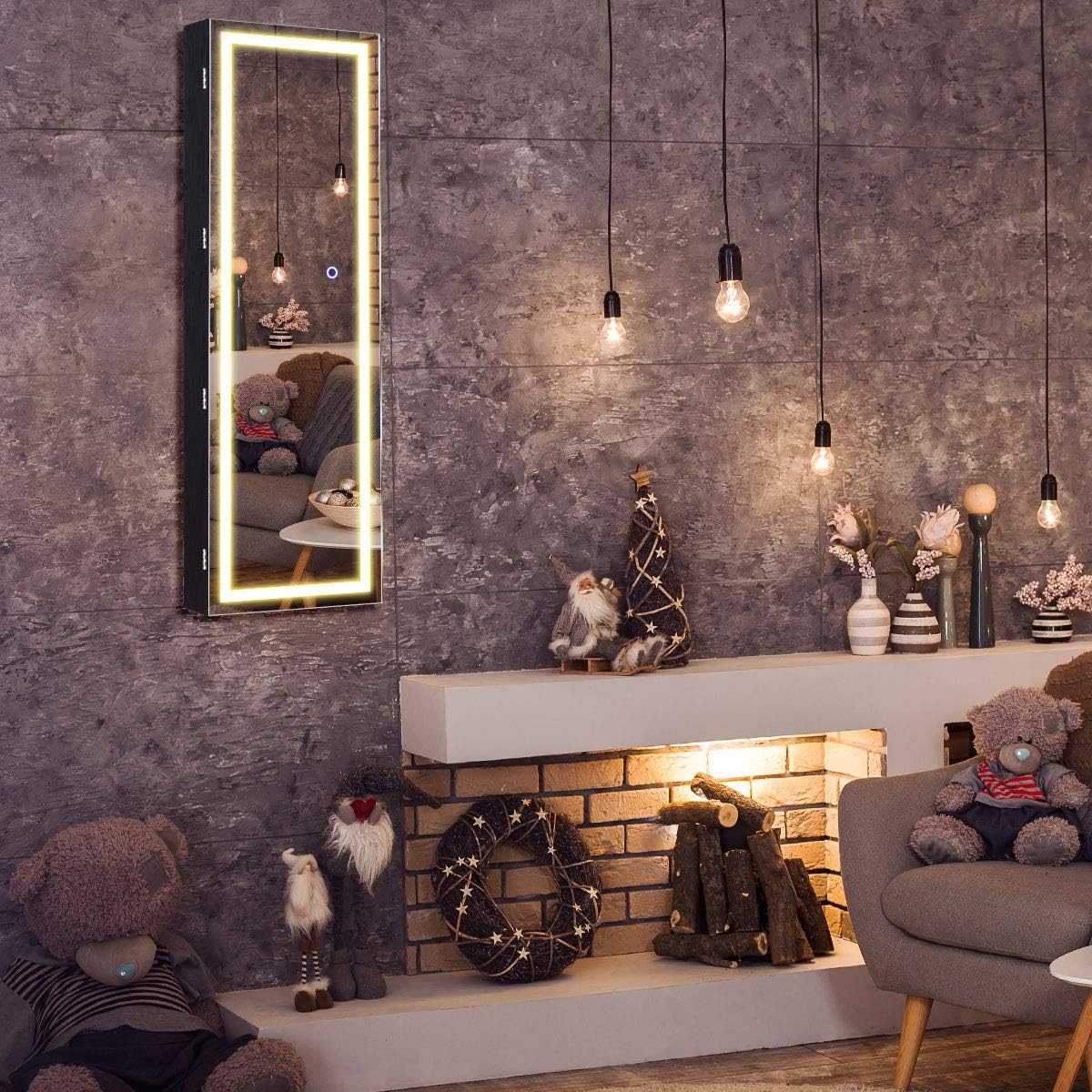 Giantex Jewelry Cabinet Armoire Door Wall Mount, 47.2in Lockable Touch Screen Lighted Full Length Mirror, 3 Lighting Settings, Inside Makeup Mirror, Jewelry Storage Box Organizer (Black)