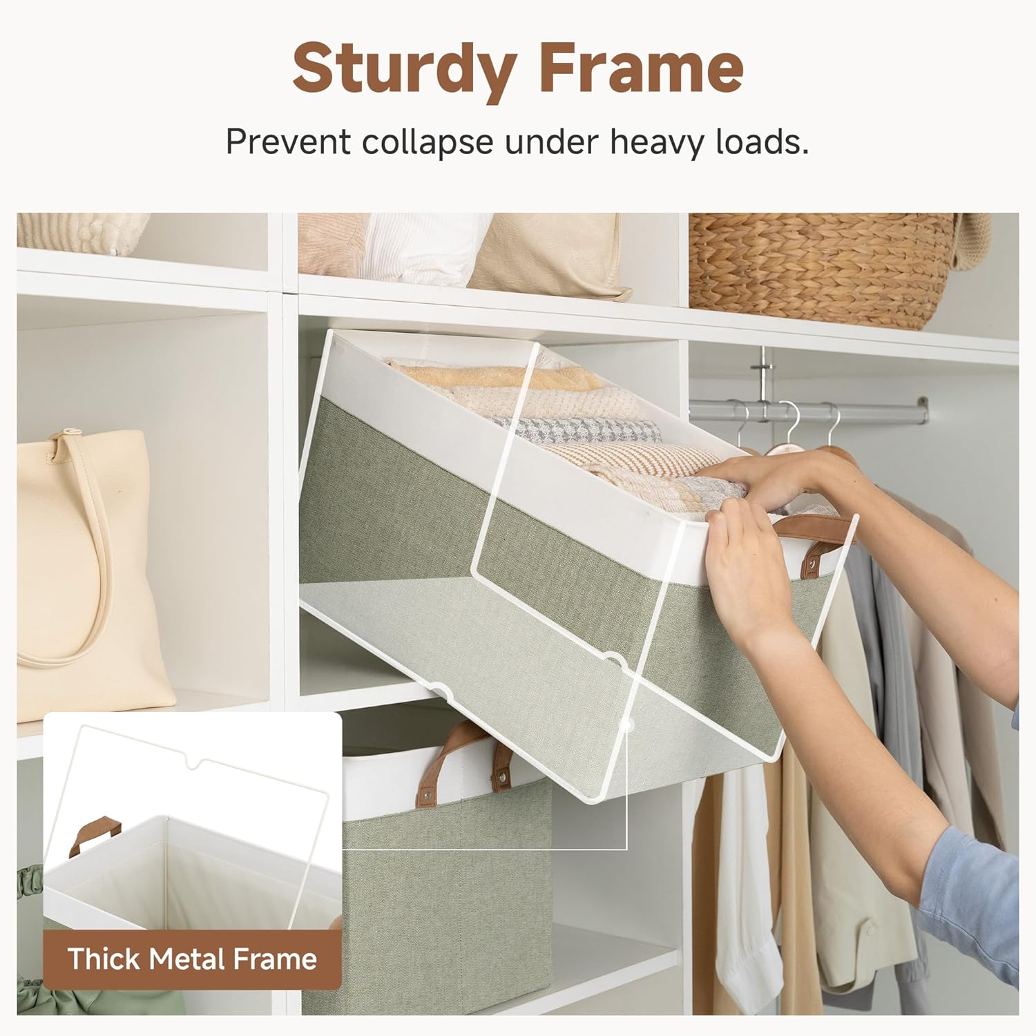 StorageWorks Storage Bins, Fabric Storage Bins for Shelves, Extra Large Storage Baskets with Metal Frame, Closet Baskets and Bins with Handles, Jumbo, Green and White, 2-Pack