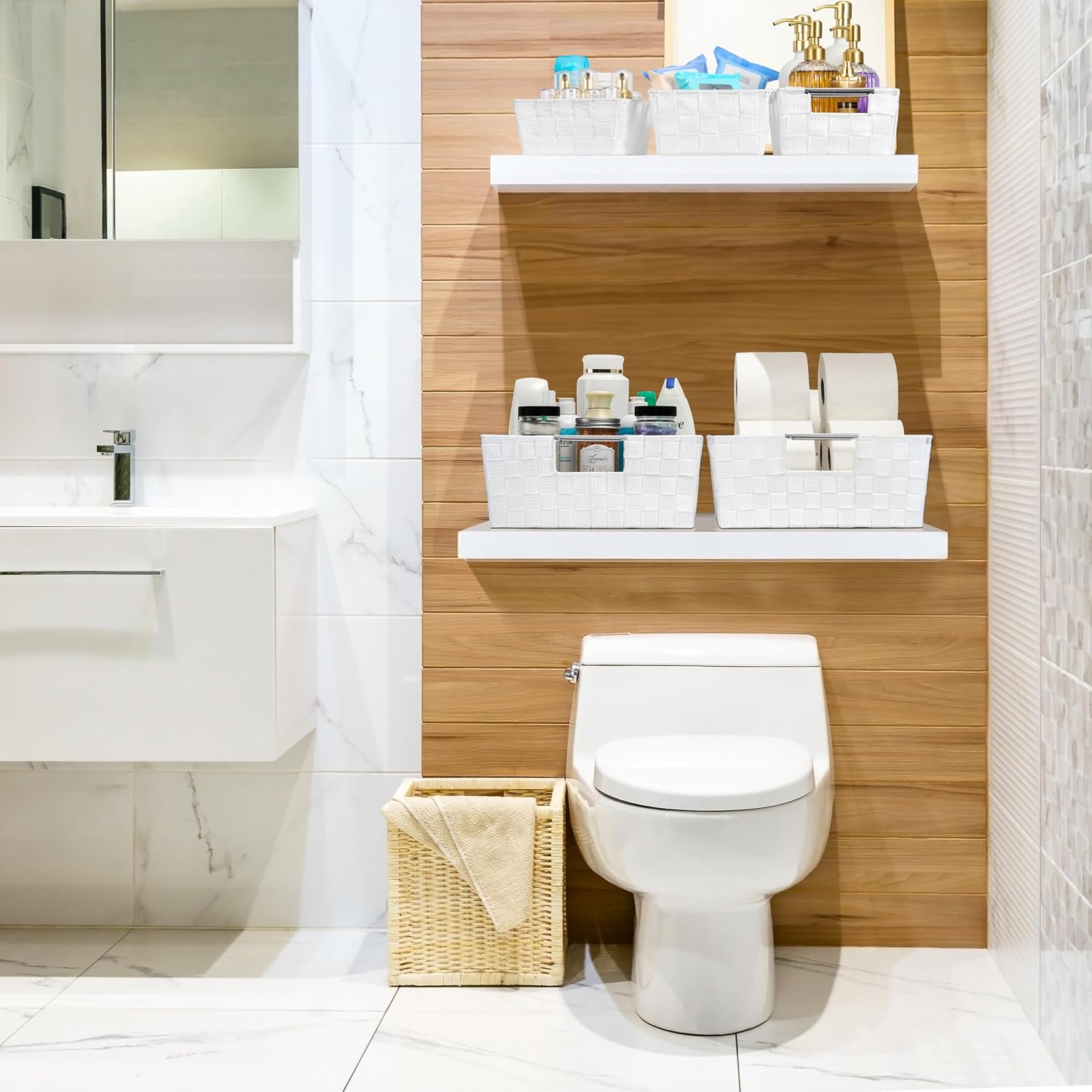 Sorbus Set of 9 Woven Storage Baskets – Mesh Hand-Woven Baskets for Organizing, Fabric Storage Bins for Linen Closet Organizer, Storage Baskets for Shelves, Home Organization and Decor (White)