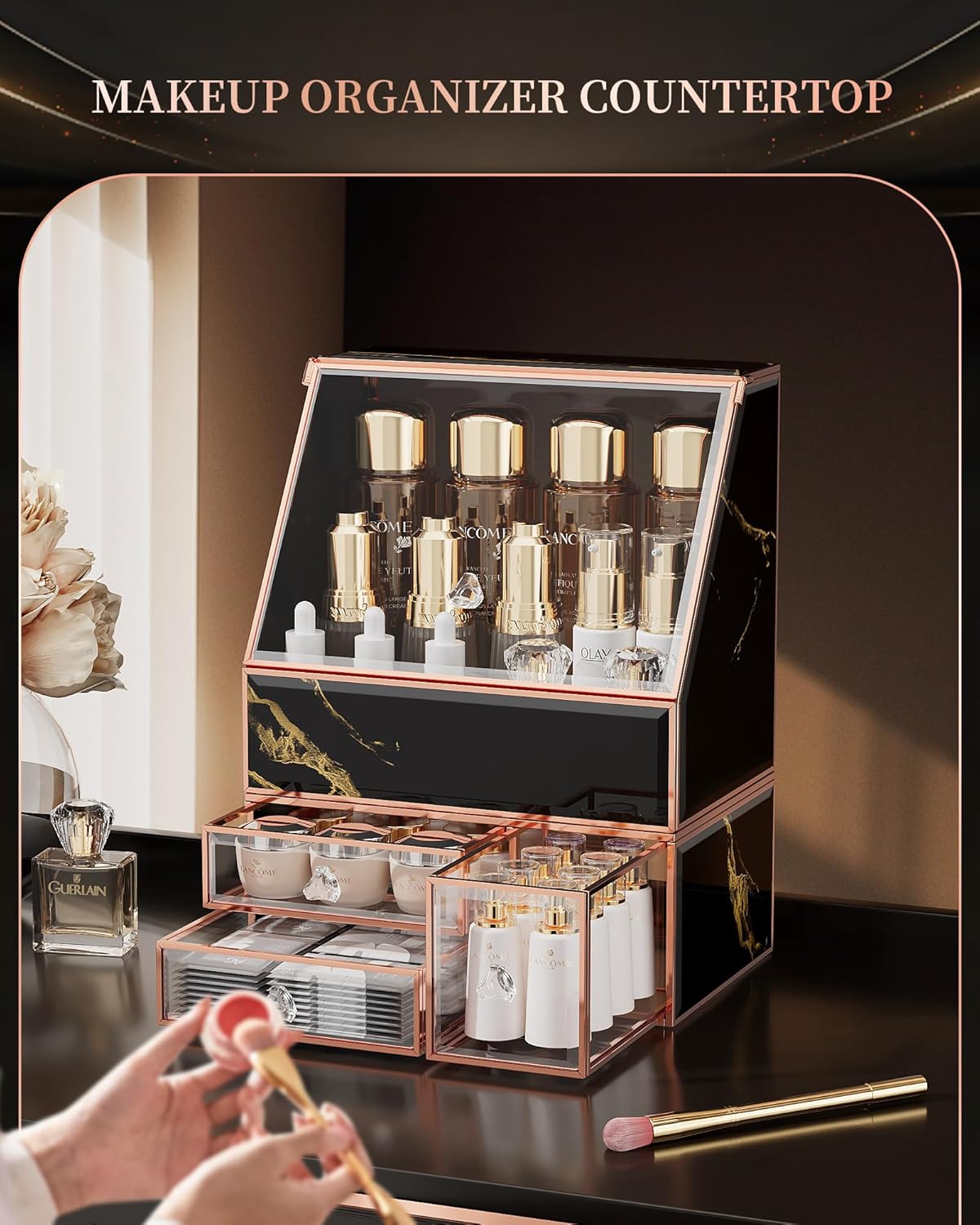 Makeup Organizer for Vanity, Black Makeup Organizer with Drawer, Skincare Holder for Bathroom Countertop,Cosmetic Display Case for Dresser