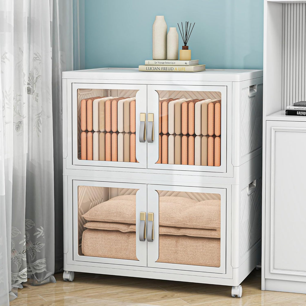 Large Clear Stackable Storage Bins with Lids, Foldable Storage Cabinet for Closet Organizers and Storage, Plastic Storage Box with Wheels 314 QT