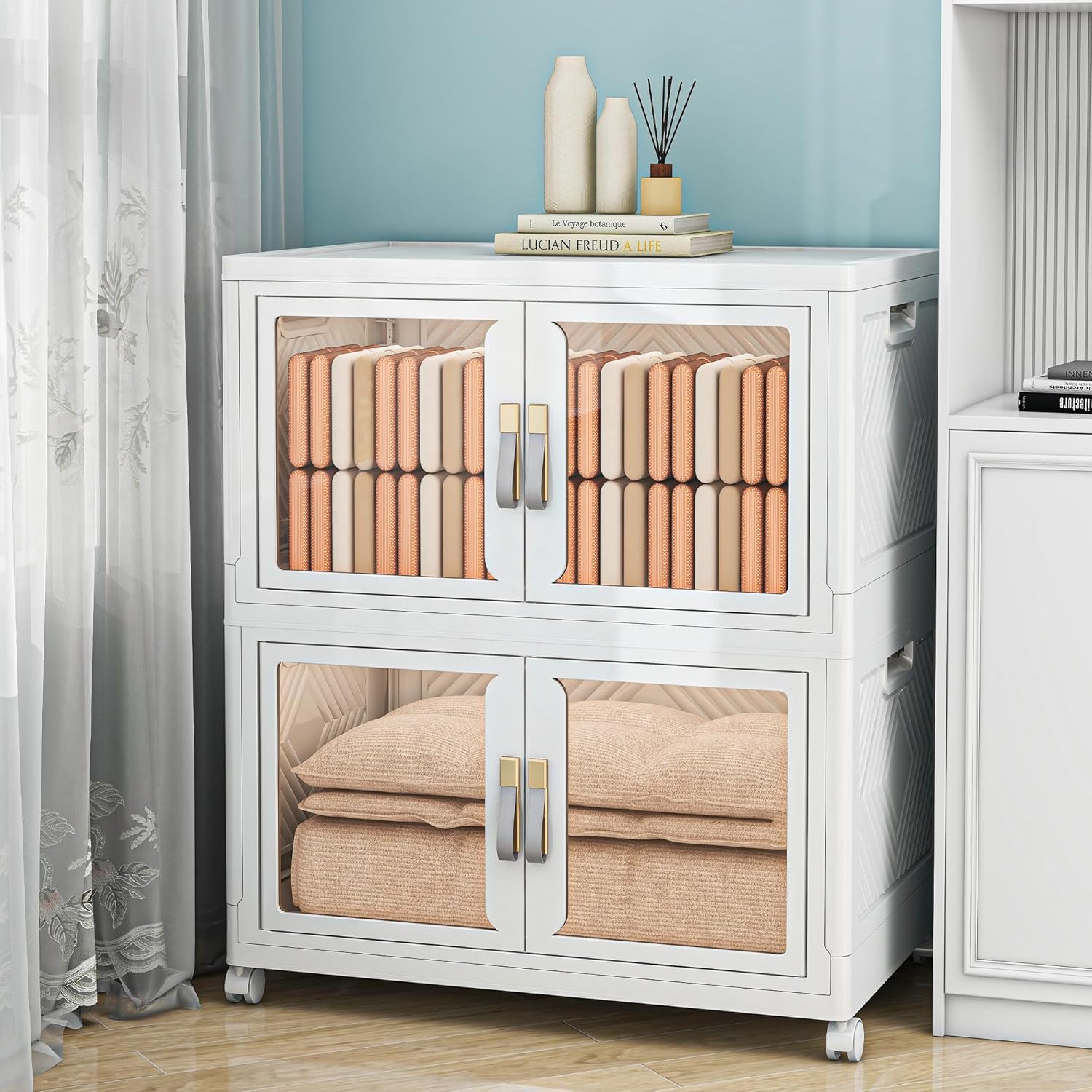 Large Clear Stackable Storage Bins with Lids, Foldable Storage Cabinet for Closet Organizers and Storage, Plastic Storage Box with Wheels 314 QT