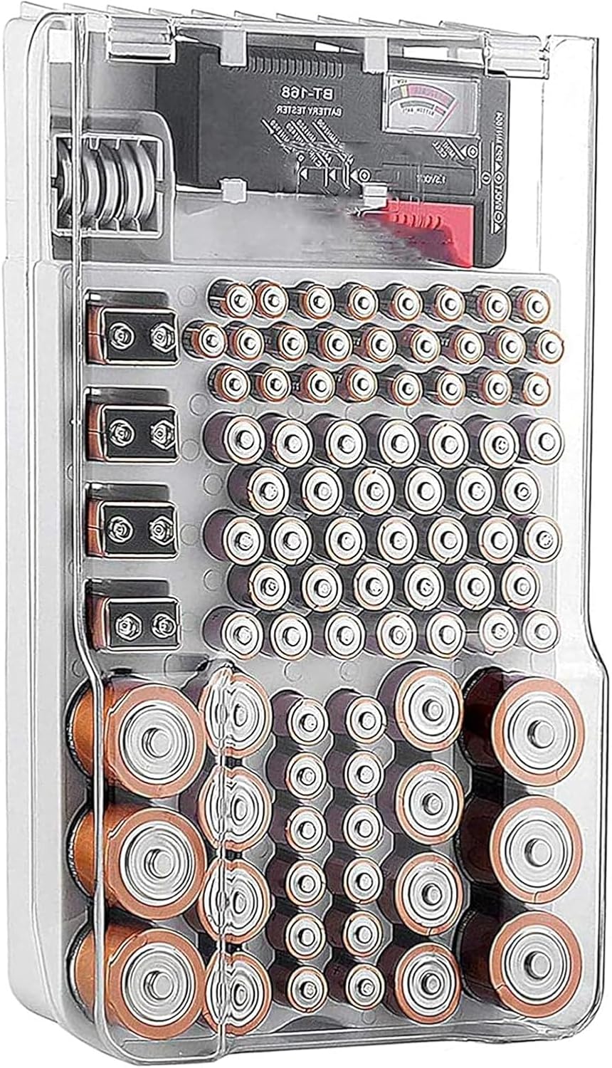 Battery Organizer Storage Box with Tester, Clear Lid Battery Organizer Storage Case, Holder Battery Carrying Case（Batteries are Not Included）