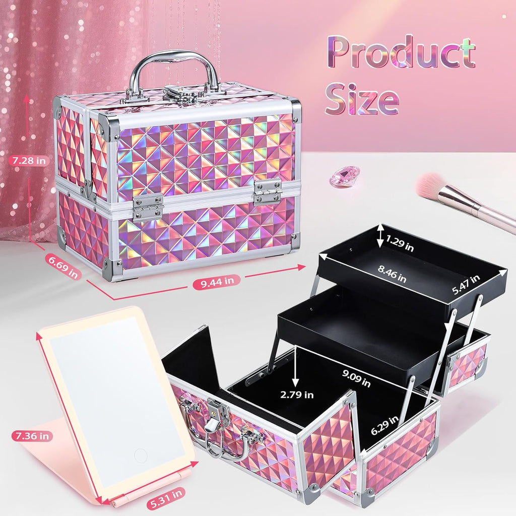 Makeup Case with Lighted Mirror Travel Makeup Organizer Box 2 Trays Lockable Cosmetic Train Case with Movable LED Mirror for Girls Make Up Nail Kits Sewing Vanity Storage Case Shiny Pink