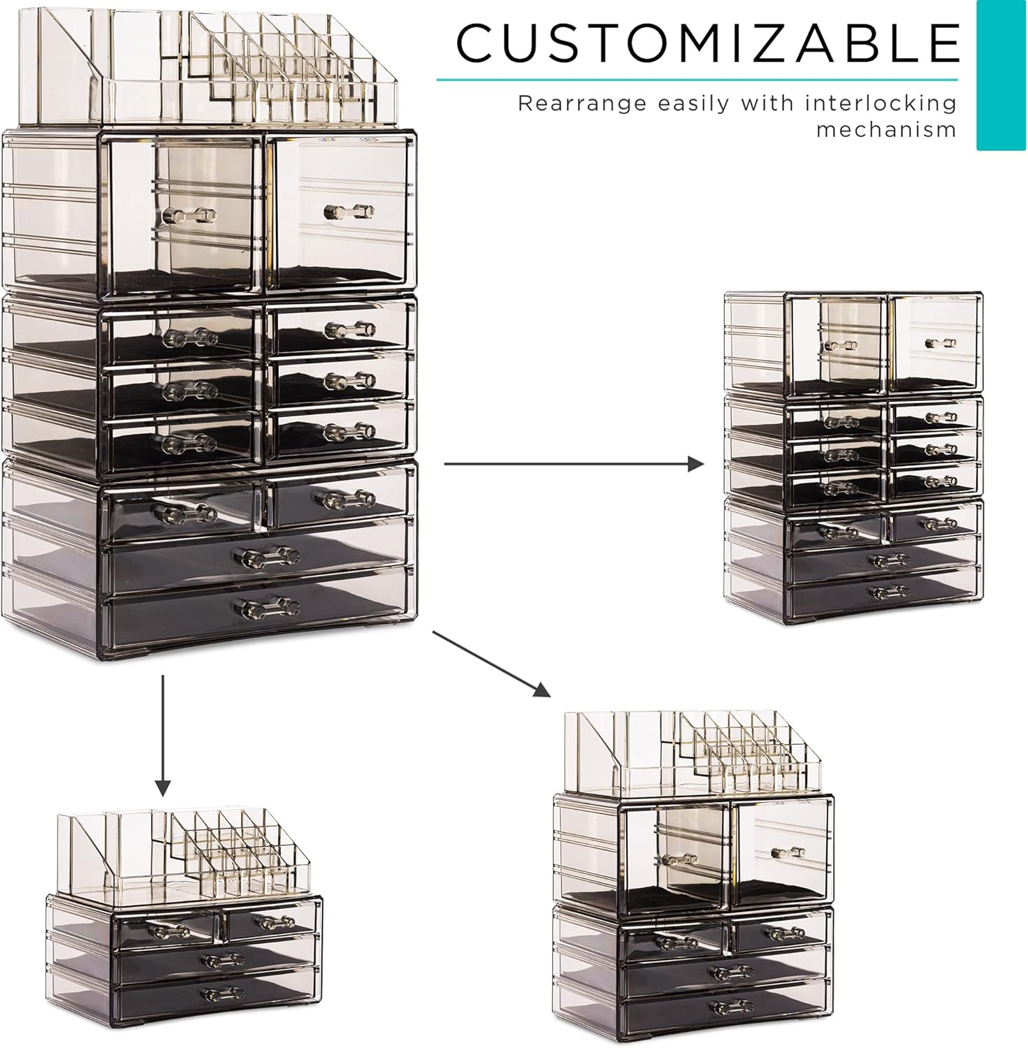 Sorbus Large Makeup Organizer - Clear Stackable Jewelry & Makeup Organizer For Vanity, Bathroom Storage, Dresser - 12 Drawers Cosmetic Beauty Organizers and Storage with Lipstick, Makeup Brush Holder