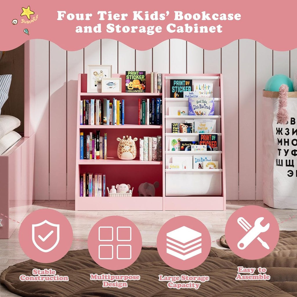 Pink 4-Tier Kids Wooden Bookshelf,5 Layer Sling Bookcase,Baby Storage Book Rack,Kids Book Toy Organizer Chest,Infant Toddler Front Facing Book Display,Playroom Classroom Nursery Church Bedroom