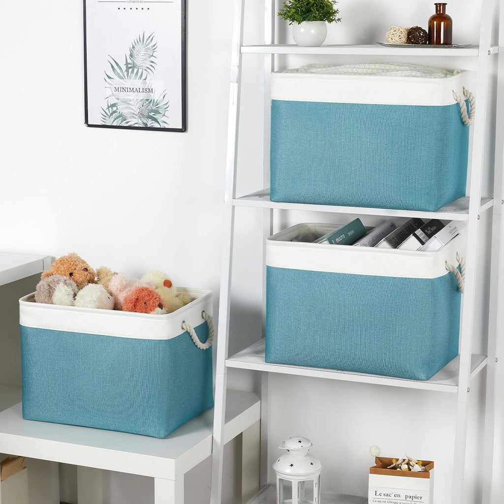 Bidtakay Large Storage Baskets for Shelves 3 Pack 16x11.8x11.8 Inch Storage Bins for Organizing Fabric Storage Cubes for Closet Clothes Basket Laundry-White&Teal
