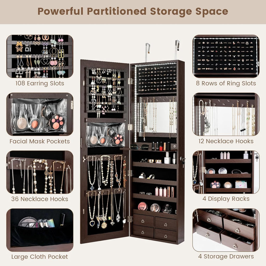 LDAILY 47” LED Jewelry Armoire, Door/Wall Mounted Mirror w/Storage, 4 Shelves, 4 Drawers, Full Length Mirror & Flip-up Makeup Tray, Lockable Jewelry Organizer Cabinet for Women & Girls, Gift (Coffee)