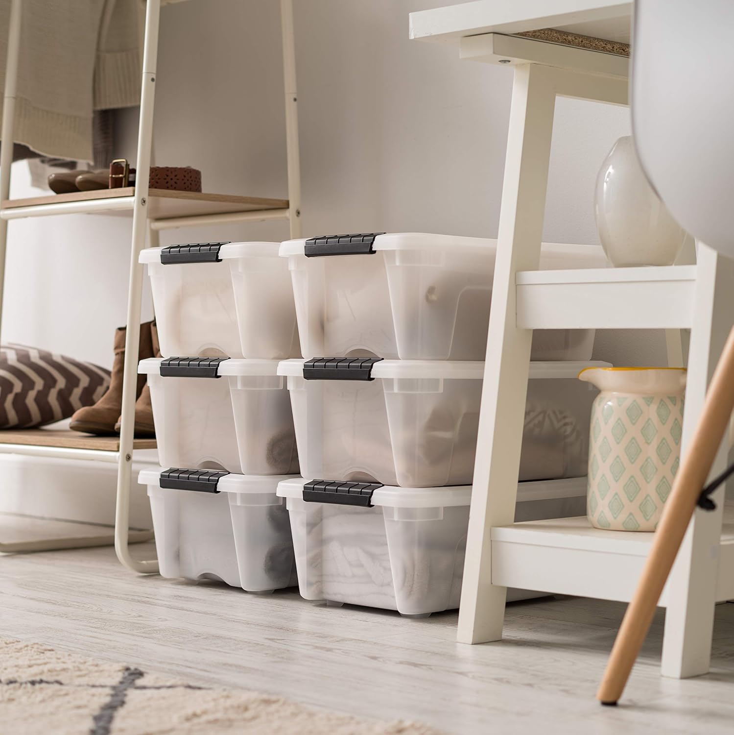 IRIS USA 13 QT Plastic Storage Box with Lid and Latches - 6 Pack - BPA-Free, Discreet Organizing Solution, Durable Nestable Stackable Containers, Secure Pull Handle - Pearl