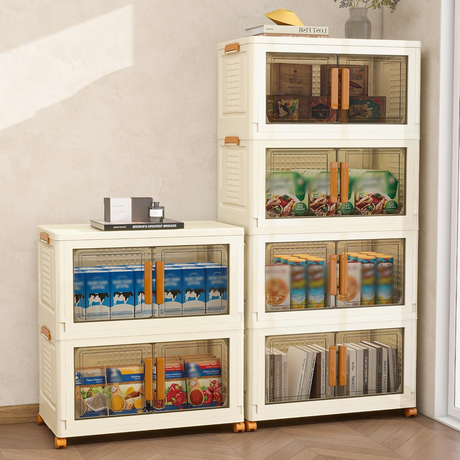 Plastic Stackable Storage Bins with Lids and Wheels, Foldable Closet Organizers and Storage Containers, Collapsible Clear Drawer Storage Cabinet with Doors Ivory White 182.4 QT