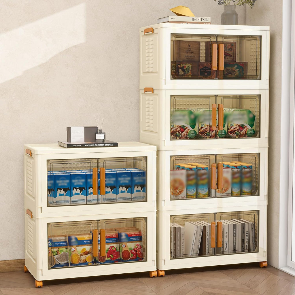 Plastic Stackable Storage Bins with Lids and Wheels, Foldable Closet Organizers and Storage Containers, Collapsible Clear Drawer Storage Cabinet with Doors Ivory White 179.2 QT