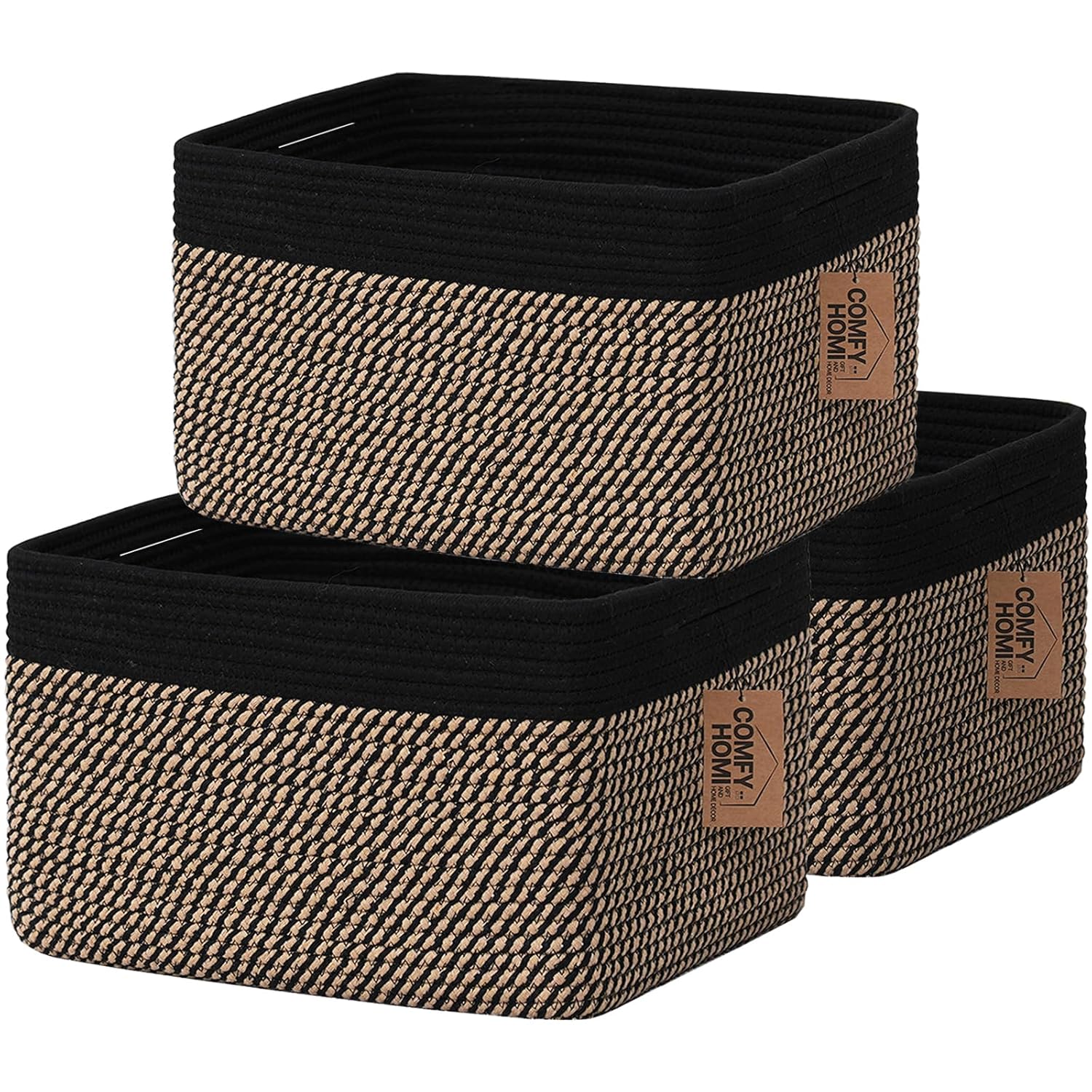 COMFY-HOMI 3PACK Cotton Rope Square Basket with Handles for Shelves|Dog Toy Bin and Storage|Baby Gift|Shoe Organizer|New 13.5" x 11" x 9.5" for Living Room (Black/Jute)