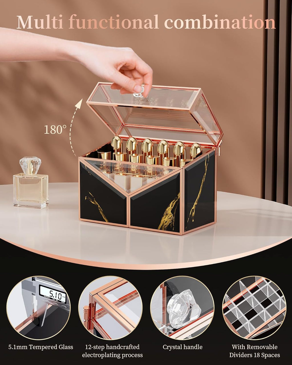 Lipstick Organizer - Black Glass Lipstick Holder & Nail Polish Organizer, 18-Slot Vanity Cosmetic Organizer with Removable Dividers,