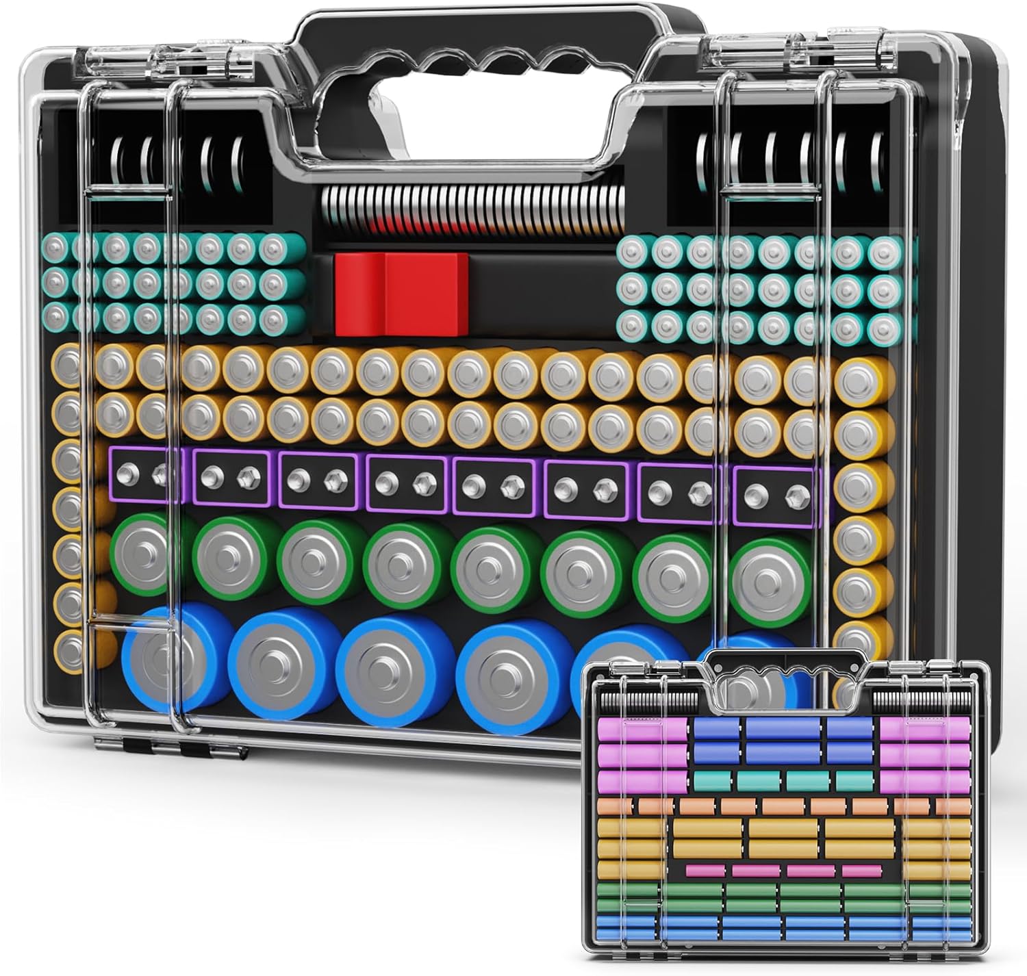 Battery Organizer Storage Case with Tester, Ultra-Large 265+ Double-Sided Batteries Container with Handle, Holds AA AAA 4A 23A C D Cell 3V 9V Lithium CR3 4LR44 CR123A 18650 (Black)