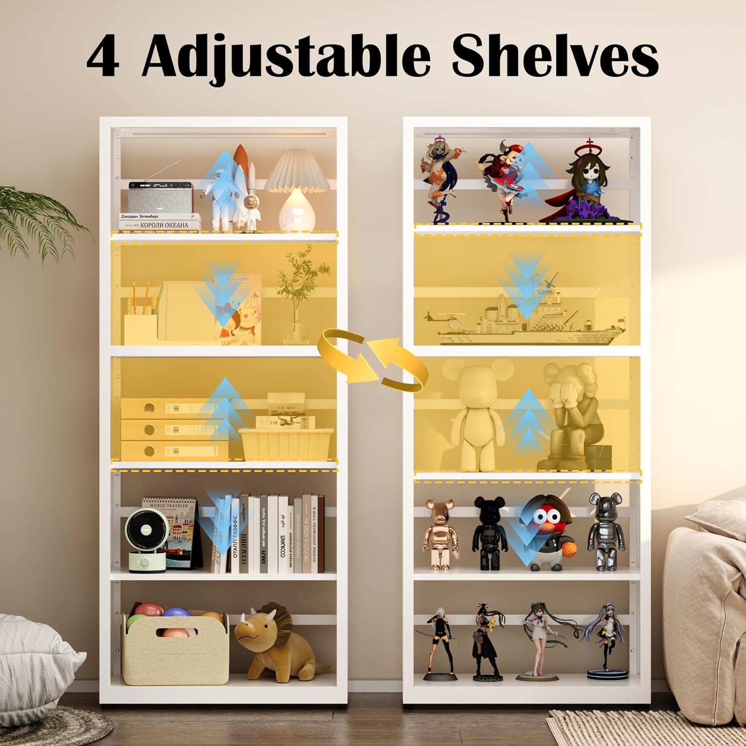 Industrial Bookshelf,5 Tier Bookcase,55" White Metal Tall Bookshelf with Adjustable Feet and Adjustable Shelves,Home Office Bookcase Shelf Storage Organizer for Living Room、Kitchen