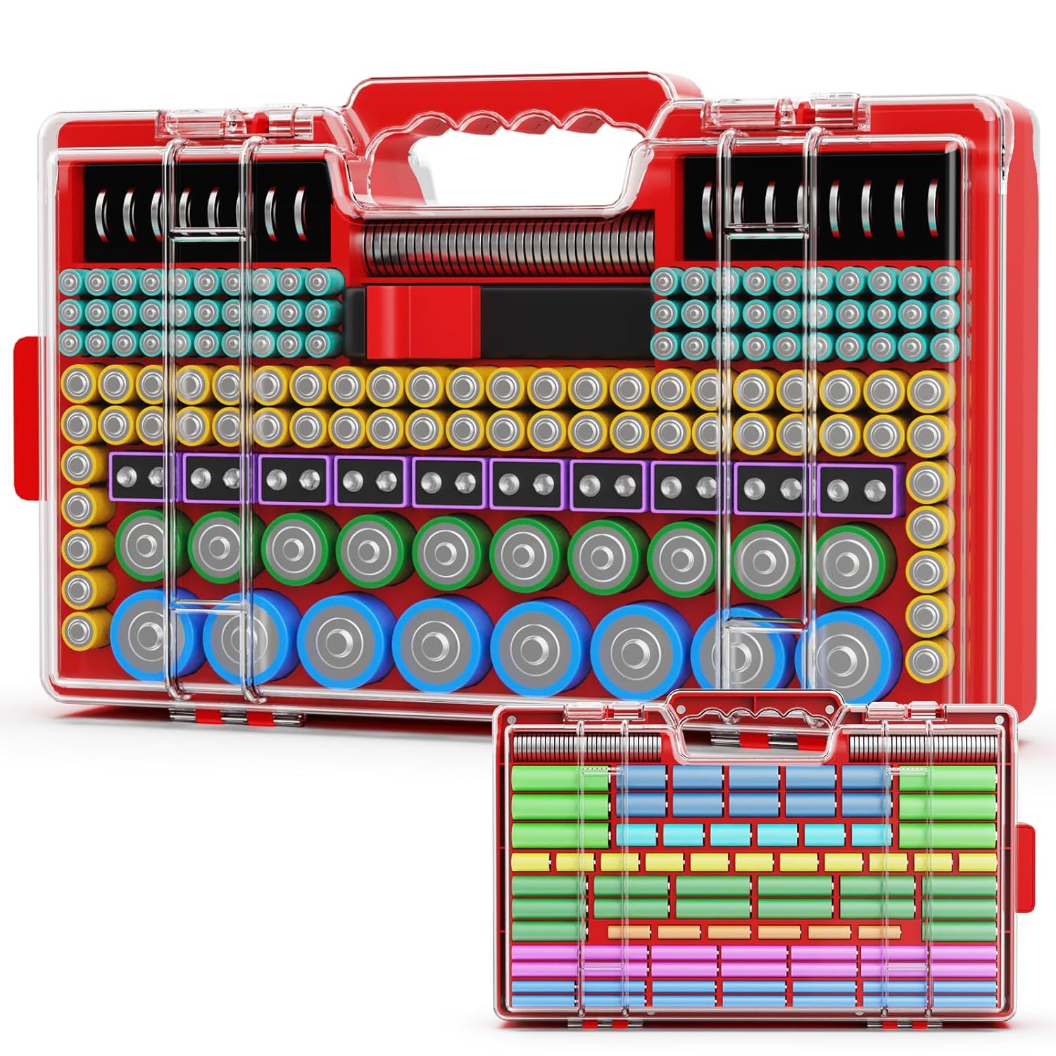 Battery Organizer Storage Holder Box Case with Tester, Ultra-Large 280+ Batteries Double-Sided Variety Pack,Holds AA AAA 4A C D Cell 9V 3V Lithium18650 LR44 CR2 CR123 CR1632 - Red
