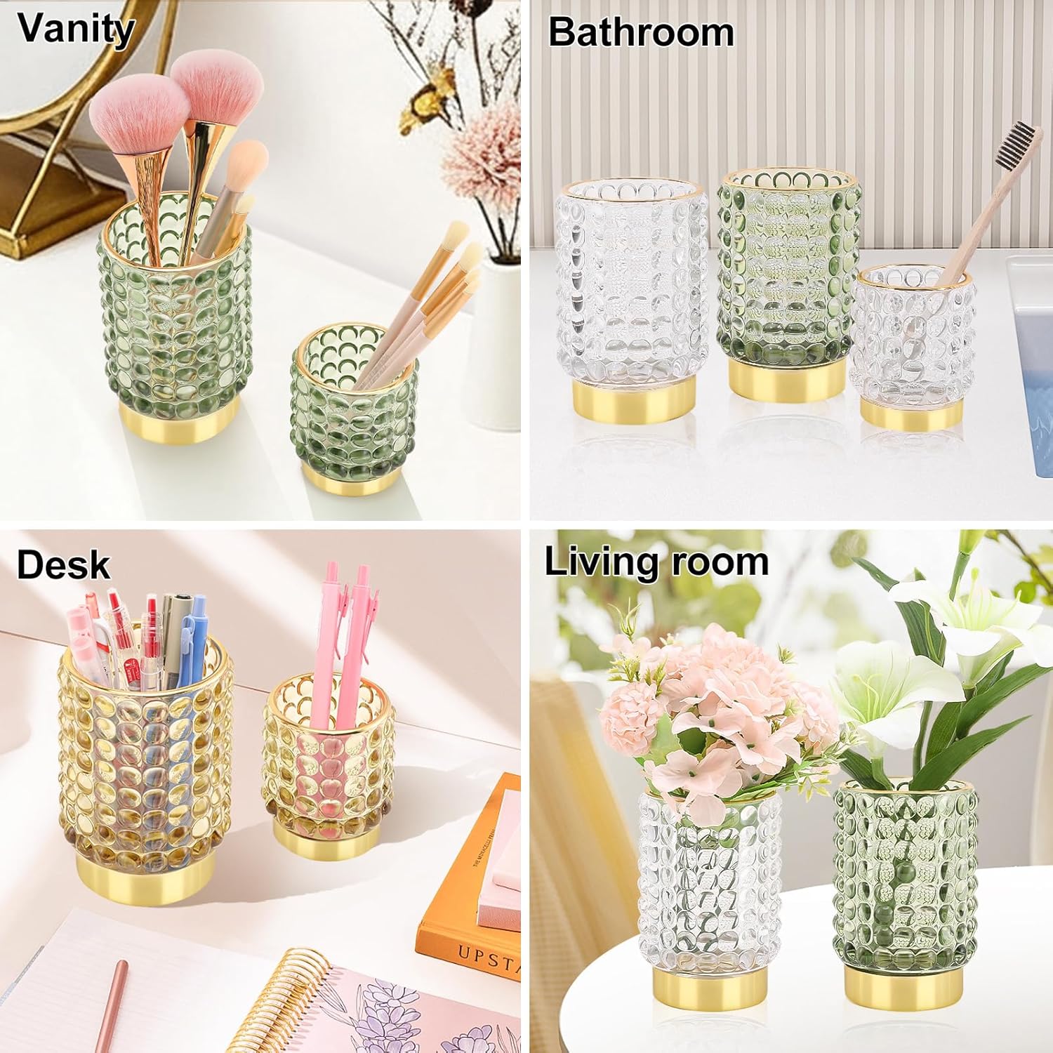 DASITON Makeup Brush Holder Organizer, Crystal Cosmetic Make Up Brush Holder, Glass Makeup Brushes Storage Organizer, Vintage Make Up Cup Desk Pen Pencil Holder, Toothbrush Holders (Green L)