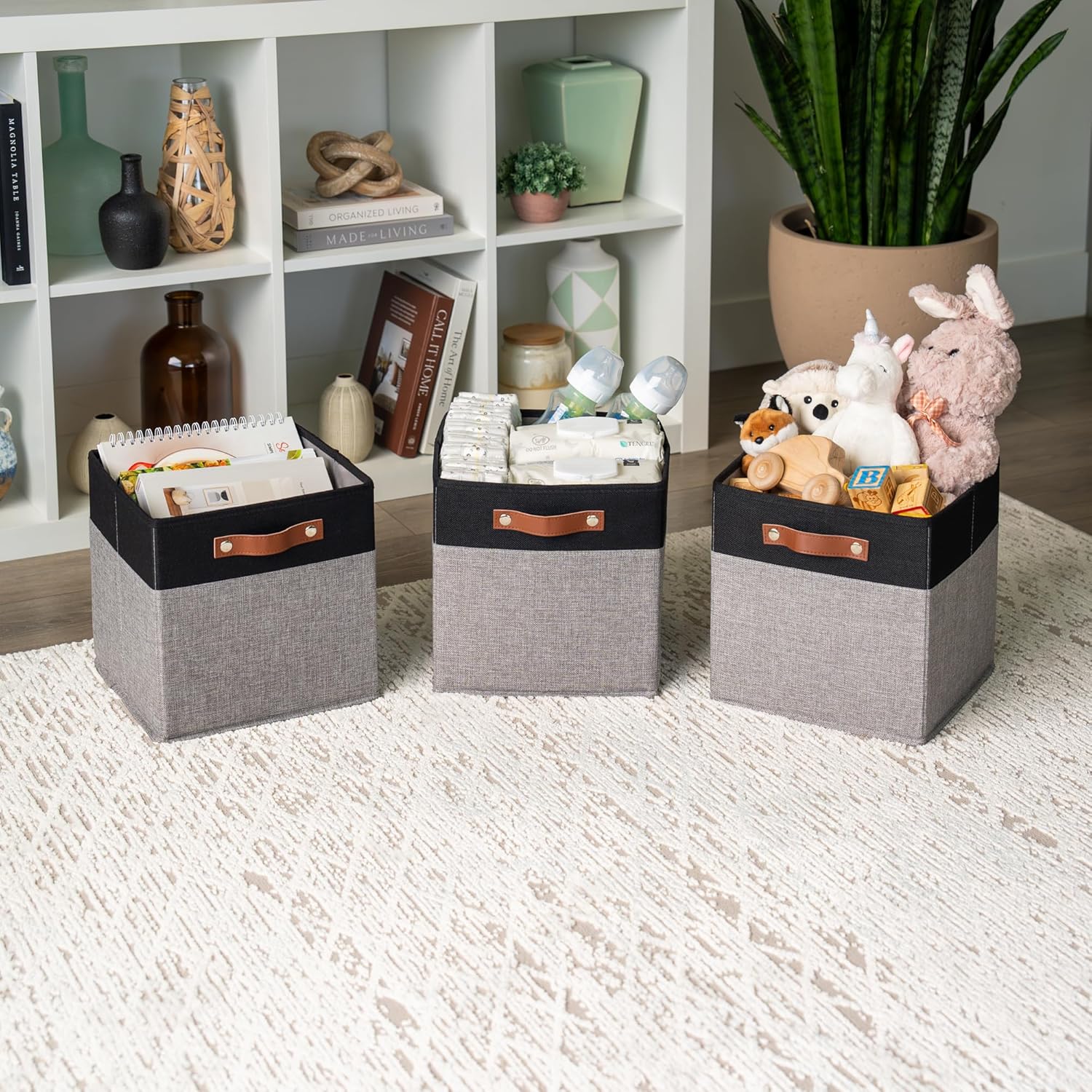 OrganiHaus 11" x 11" x 11" Fabric Cube Storage Bins - Set of 4, Canvas Cubby Bins with Vegan Handles, Square Storage Cubes, Kallax Storage Cubes, 11 Inch Cubic Baskets for Shelves in Gray/Black