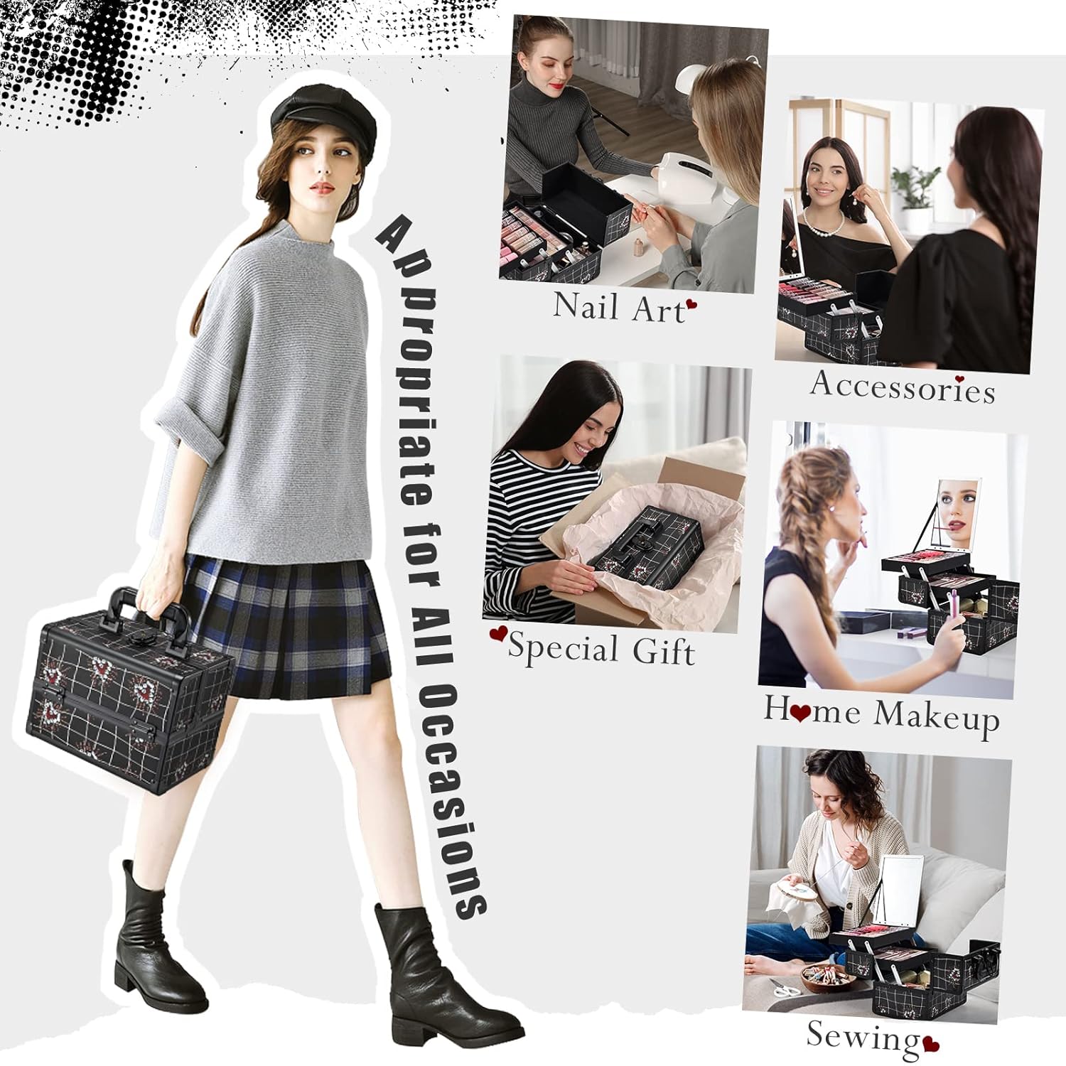 Joligrace Makeup Train Case Portable Makeup Case Organizer 2 Trays Cosmetic Box Storage with Mirror Lockable with Key for Cosmetics Nail Tech Traveling Makeup Travel Box Punk Love Hearts