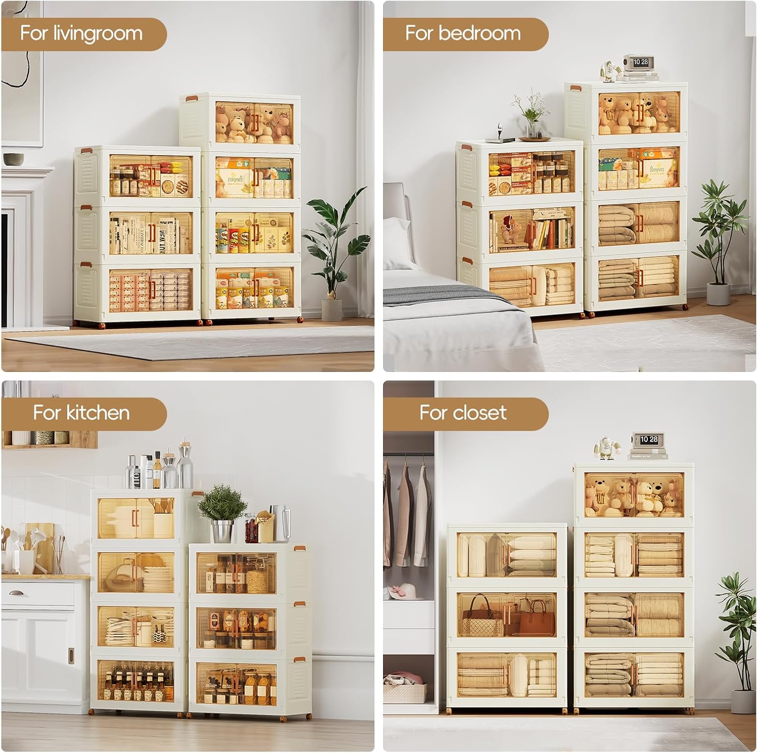 JEKO&JEKO 756 Qt Plastic Storage Bins with Lids, Doors & Wheels, 7 Pack Extra Large Stackable Collapsible Storage Cabinets and Closet Organizers for Home Office, Cream