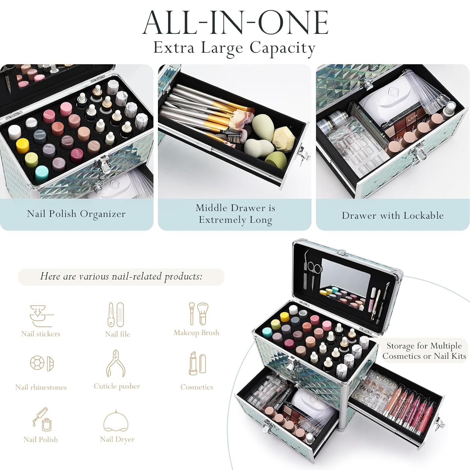 FRENESSA Extra Large Makeup Organizer Case Cosmetic Box Storage with Drawer Mirror Nail Manicure Accessory Organizer With Dividers Travel Nail Art Case for Makeup Artist Nail Tech Case Watery Blue