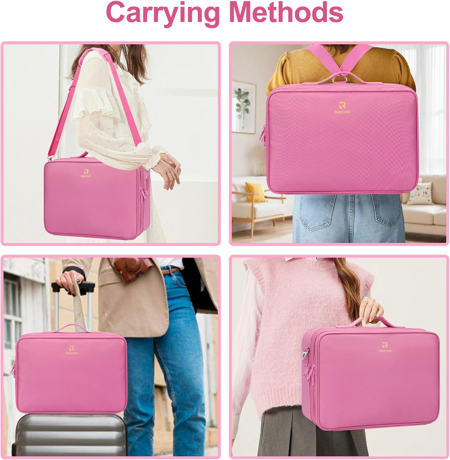 Relavel Makeup Case Large Makeup Bag Professional Train Case Travel Cosmetic Organizer Brush Holder Waterproof Makeup Artist Storage Box, 3 Layer Large Capacity, with Adjustable Strap, Rose Pink