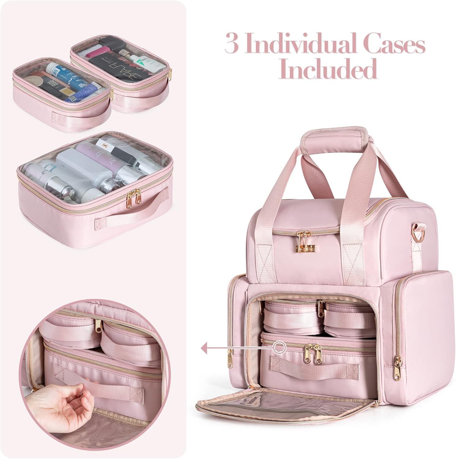 Large Makeup Cosmetic Bag with 3 Removable Case, Double Layer Travel Makeup Organizer Case with Inner Dividers and Makeup Brushes Storage Section, Pink (Patented Design)