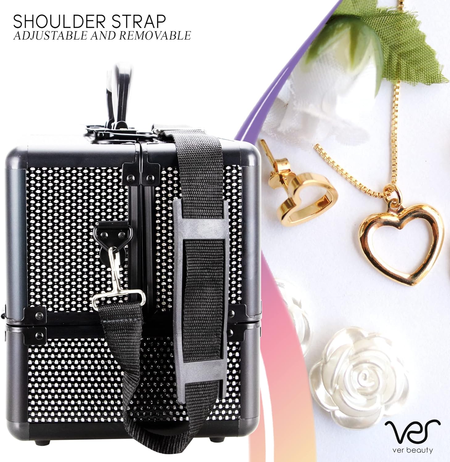 Ver Beauty Cosmetic Train Makeup Case Organizer Storage Extendable Trays Keys and Locks Shoulder Strap in Black Krystal
