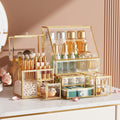 Clear Makeup Organizer with Gold Frame – Countertop Vanity Organizer for Skincare, Lipsticks, Perfume & Brushes – Bathroom Cosmetic Storage Display Box