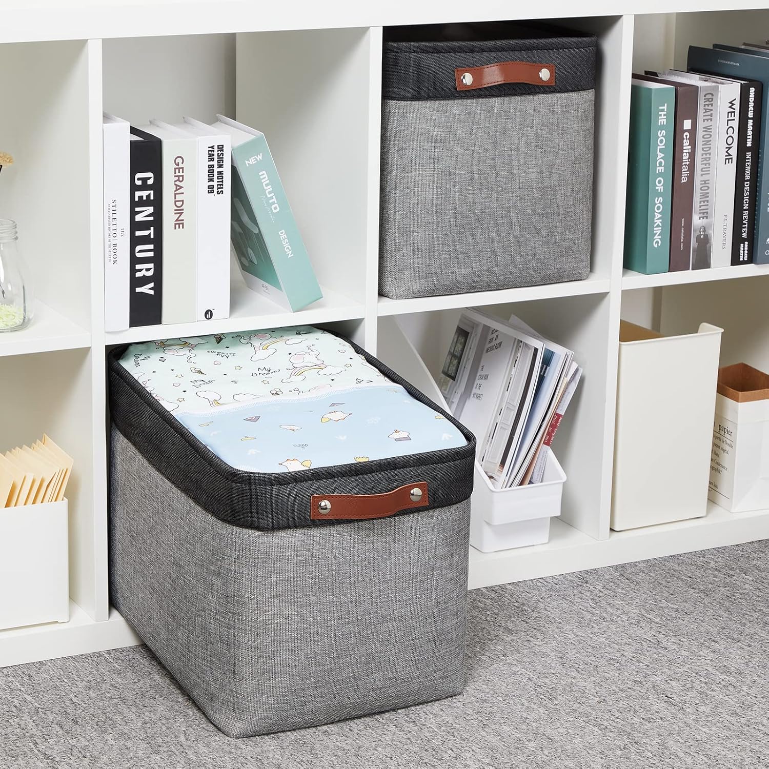 HNZIGE Large Storage Baskets Fabric Cloth Tall Baskets for Shelves[2 Pack] Foldable Organizer Bins 16" X 11.8" X 11.8" Decorative Storage Basket Black Storage Bin for Organizing Closet Toy(Black&Gray)