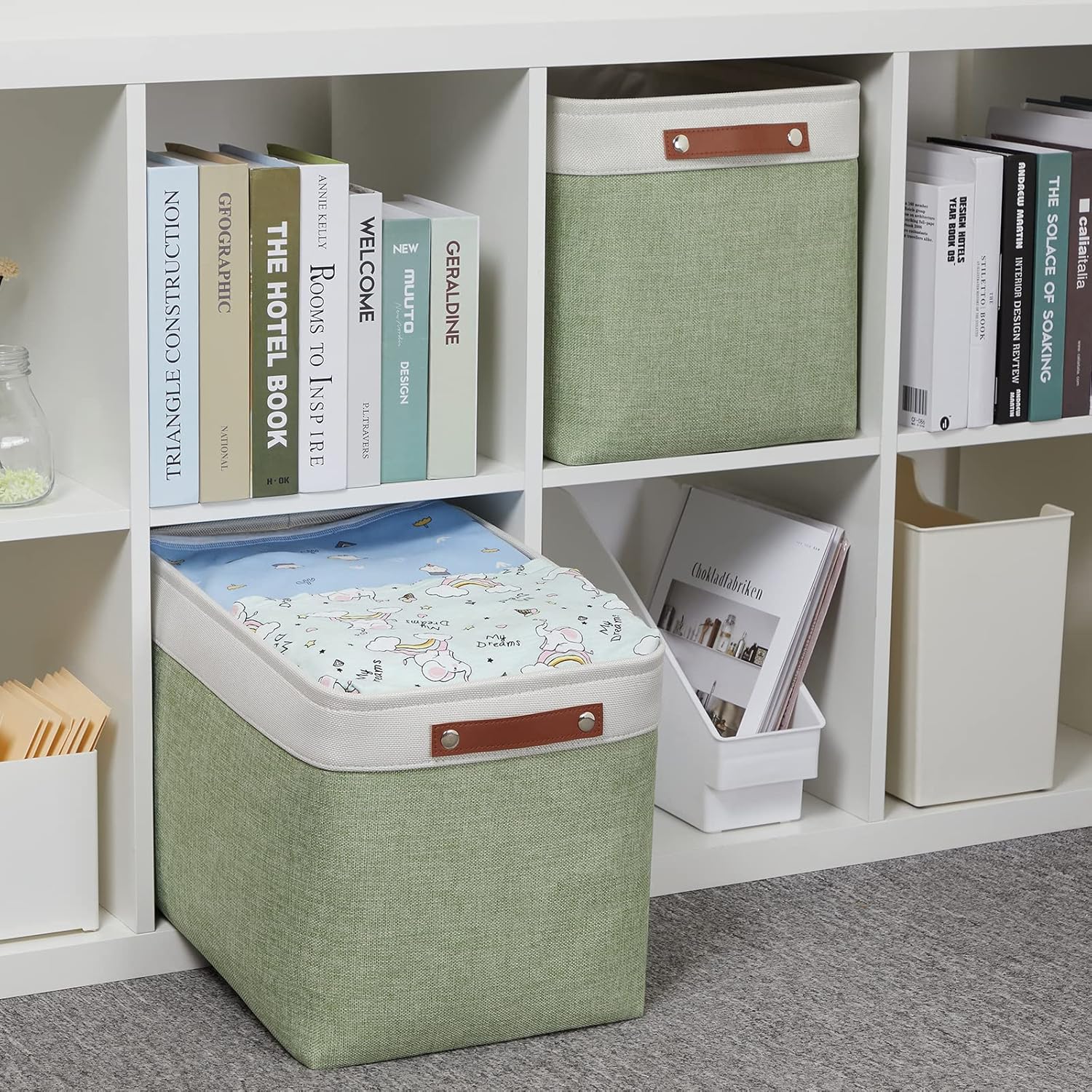 HNZIGE Large Fabric Storage Baskets with Leather Handles, Decorative Foldable Baskets for Organizing Closet & Home (Green, 16" x 11.8" x 11.8" - 2 Pack)