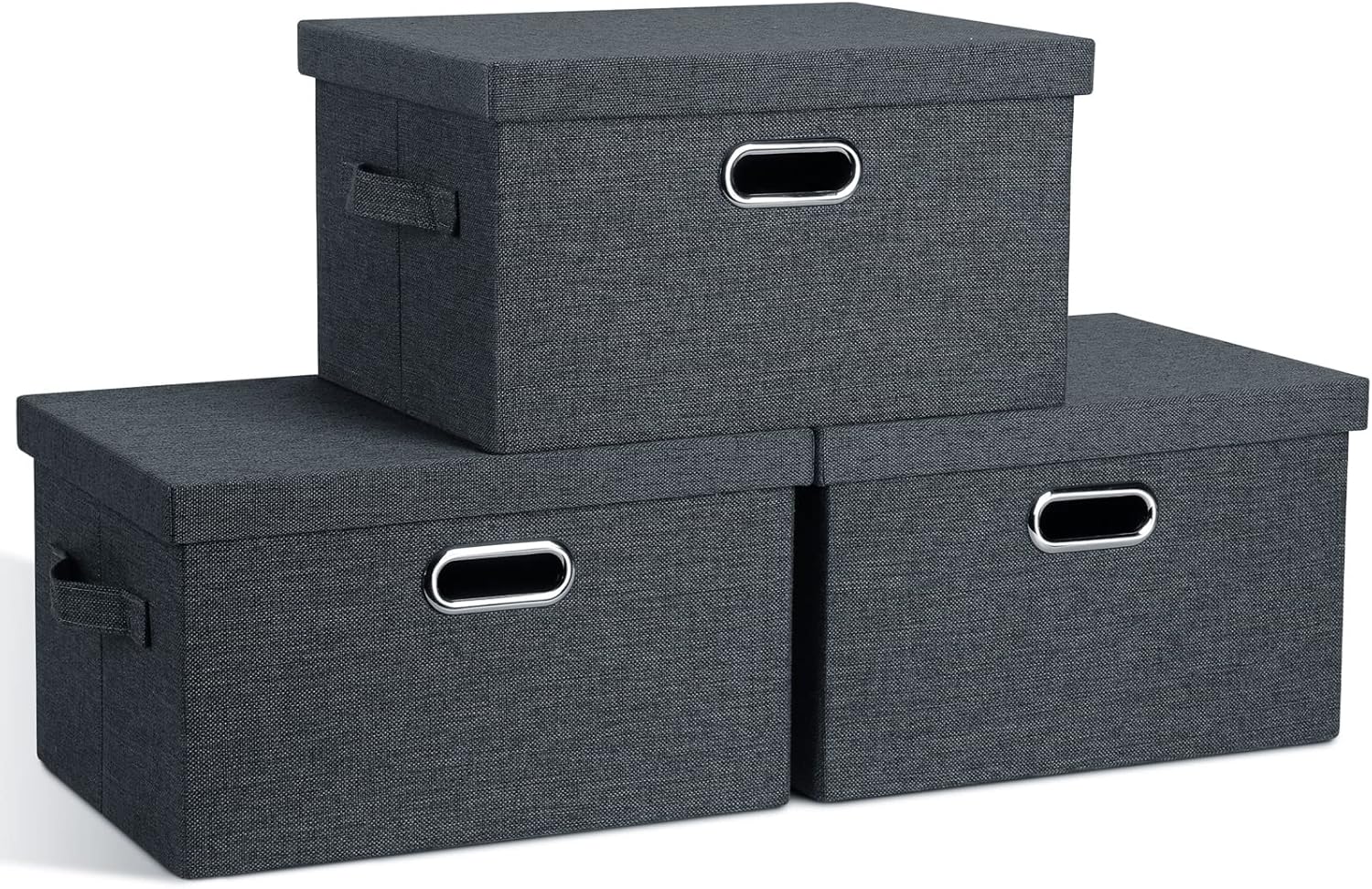 Medium 15" 21 Quart Collapsible Stackable Storage Bins with Lids, 3 Packs Dark Grey Foldable Fabric Closet Boxes Heavy-duty Linen Cube Baskets Container for Bedroom Office (15 x 11 x 8)