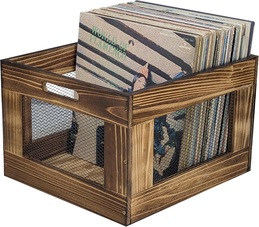 ARTAWEIN Vinyl Record Storage Crate, Wooden Record Holder for Albums - Holds up to 80-100 LPs, Rustic Vintage Style Organizer Box with Handles, Easy Assembly Display for Music Room & Office